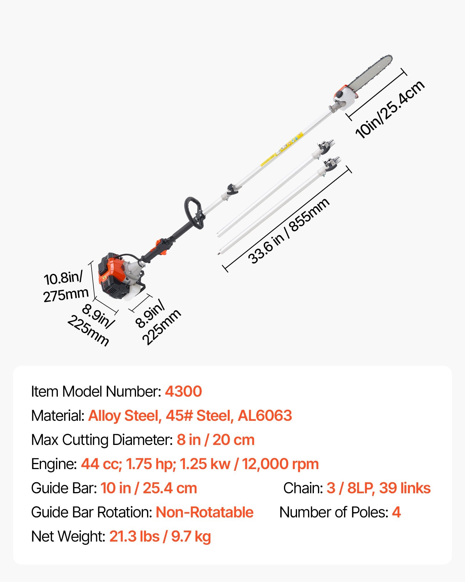 Chainsaws: VEVOR Gas Pole Saw, 33CC 2 Stroke Gas Powered Pole Saws with 20.3 cm Cutting Bar, Cordless Tree Trimmer with 850ml Fuel Tank, 2.08 to 3.58 m  Extendable, Powerful Chainsaw for Tree Trimming Pruning