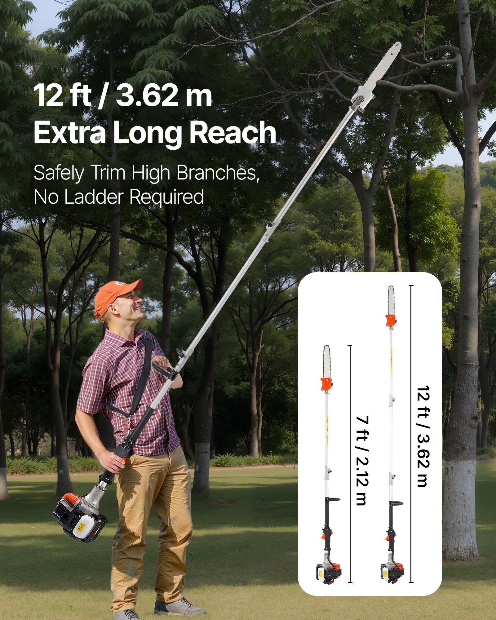 Chainsaws: VEVOR Gas Pole Saw, 25CC 2 Stroke Gas Powered Pole Saws with 30.5 cm Cutting Bar, Cordless Tree Trimmer with 650ml Fuel Tank, 2.12 to 3.62 m Extendable, Powerful Chainsaw for Tree Trimming Pruning