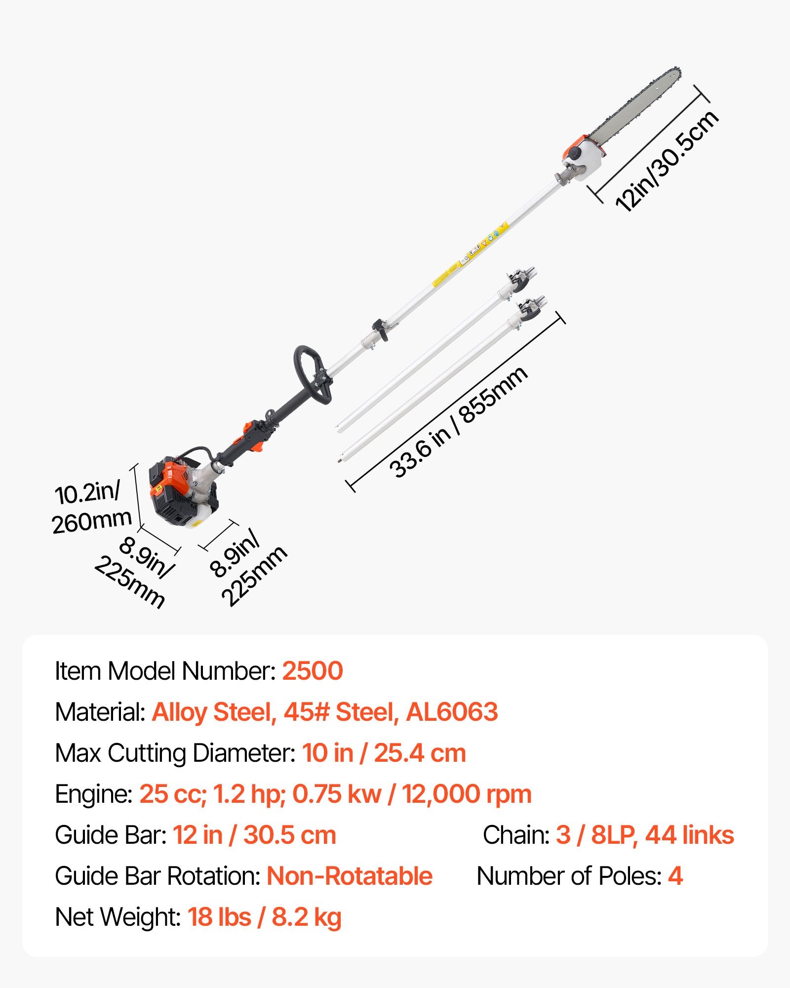 Chainsaws: VEVOR Gas Pole Saw, 25CC 2 Stroke Gas Powered Pole Saws with 30.5 cm Cutting Bar, Cordless Tree Trimmer with 650ml Fuel Tank, 2.12 to 3.62 m Extendable, Powerful Chainsaw for Tree Trimming Pruning