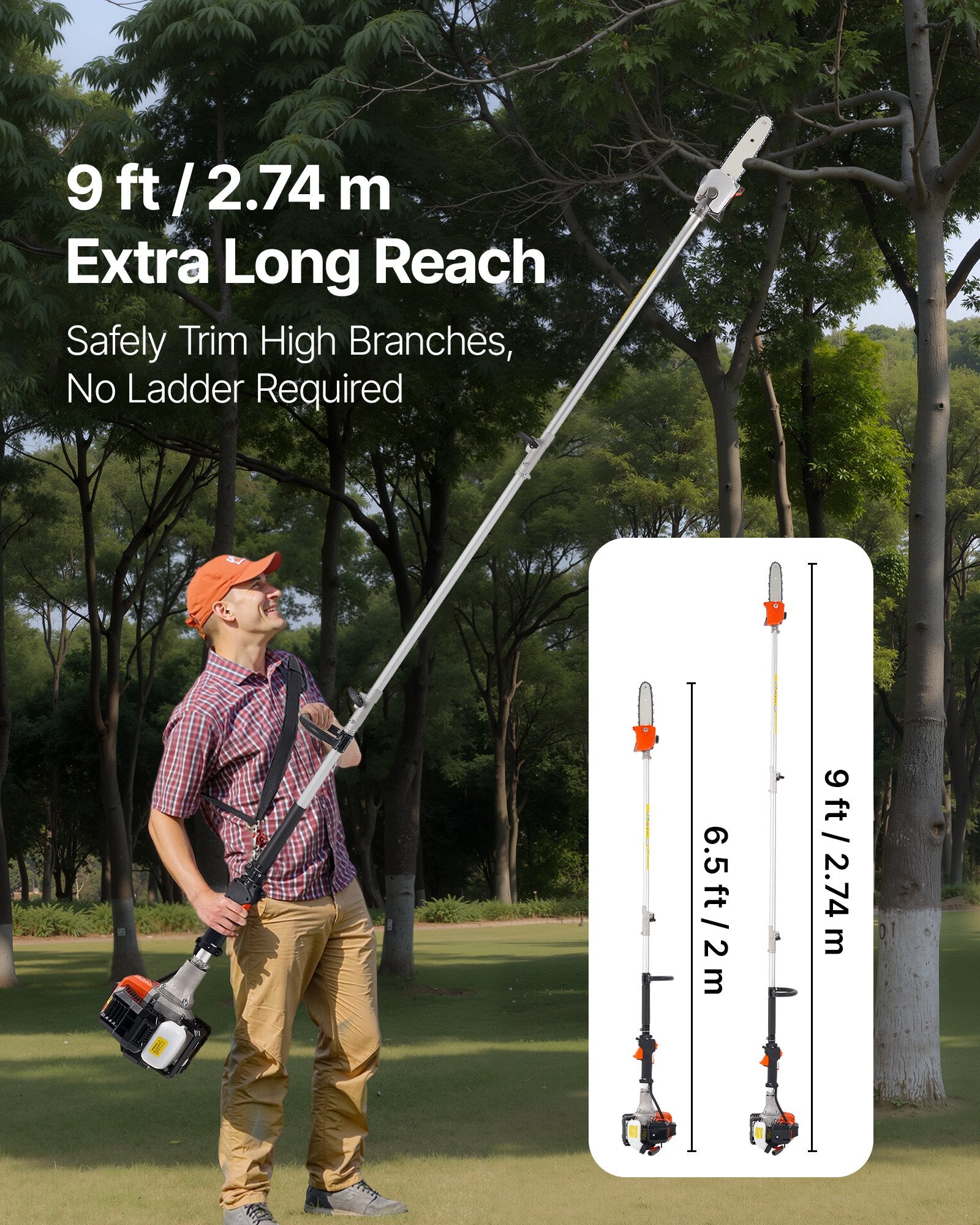 Chainsaws: VEVOR Gas Pole Saw, 25CC 2 Stroke Gas Powered Pole Saws with 20.3 cm Cutting Bar, Cordless Tree Trimmer with 650ml Fuel Tank, 2 to 2.74 m Extendable, Powerful Chainsaw for Tree Trimming Pruning