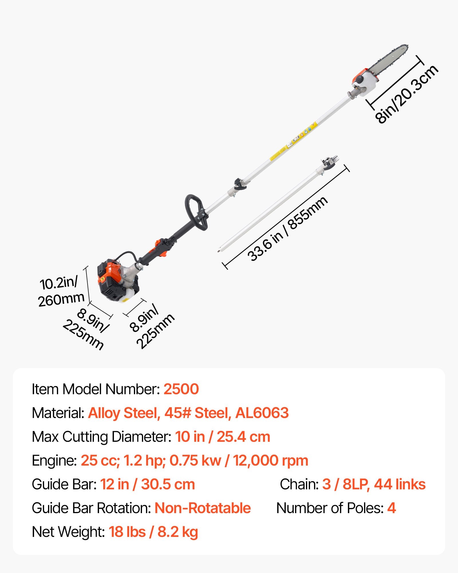 Chainsaws: VEVOR Gas Pole Saw, 25CC 2 Stroke Gas Powered Pole Saws with 20.3 cm Cutting Bar, Cordless Tree Trimmer with 650ml Fuel Tank, 2 to 2.74 m Extendable, Powerful Chainsaw for Tree Trimming Pruning