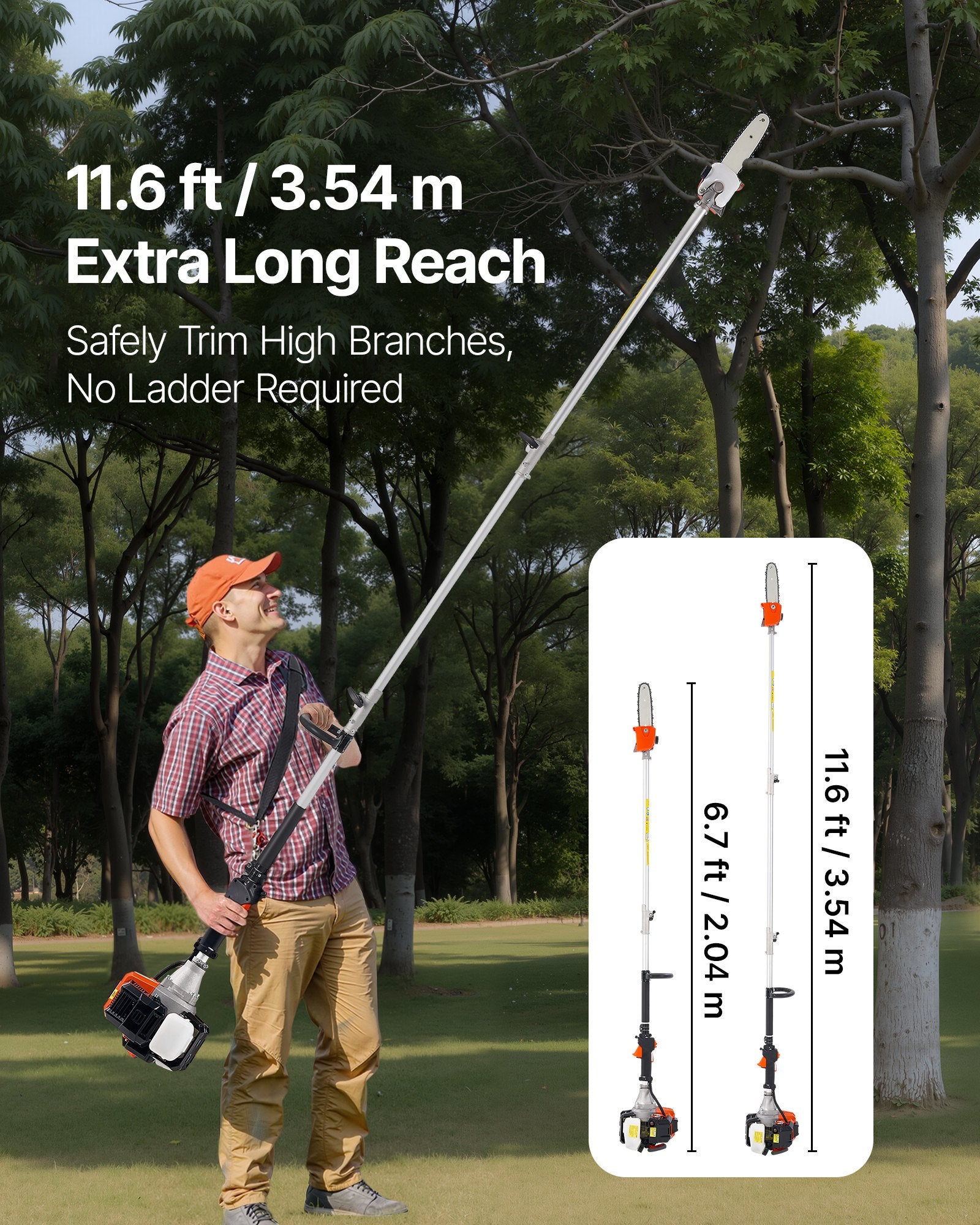 Chainsaws: VEVOR Gas Pole Saw, 33CC 2 Stroke Gas Powered Pole Saws with 20.3 cm Cutting Bar, Cordless Tree Trimmer with 850ml Fuel Tank, 2 to 3.5 m  Extendable, Powerful Chainsaw for Tree Trimming Pruning