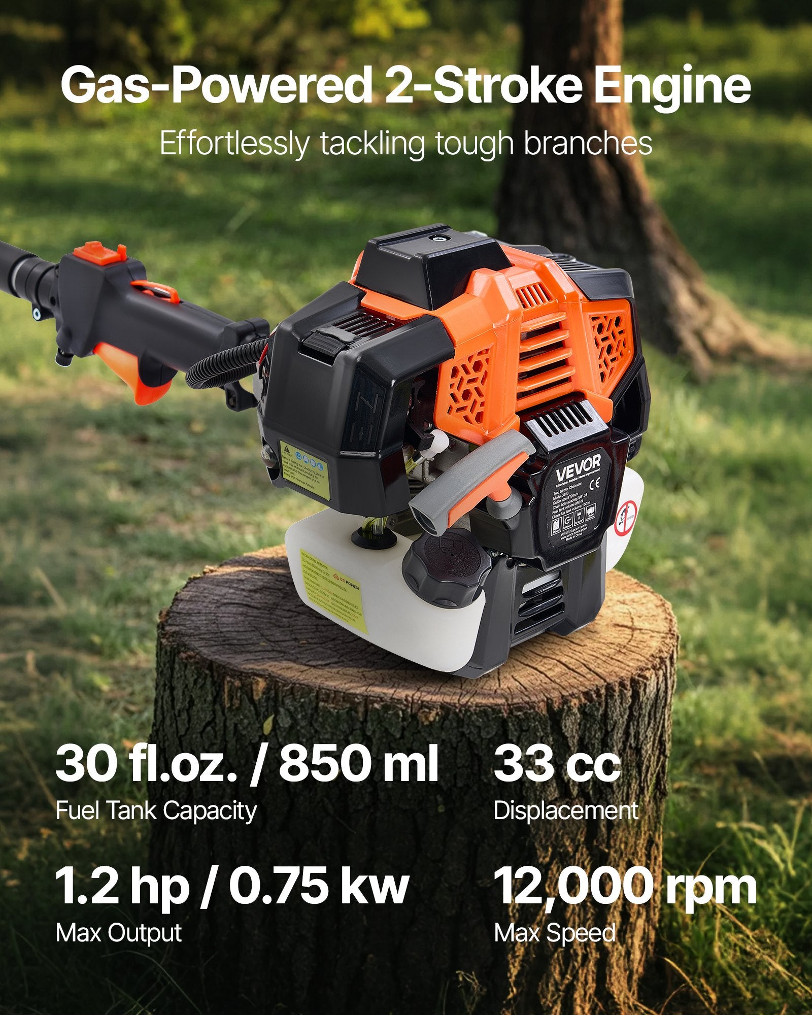 Chainsaws: VEVOR Gas Pole Saw, 33CC 2 Stroke Gas Powered Pole Saws with 20.3 cm Cutting Bar, Cordless Tree Trimmer with 850ml Fuel Tank, 2 to 3.5 m  Extendable, Powerful Chainsaw for Tree Trimming Pruning