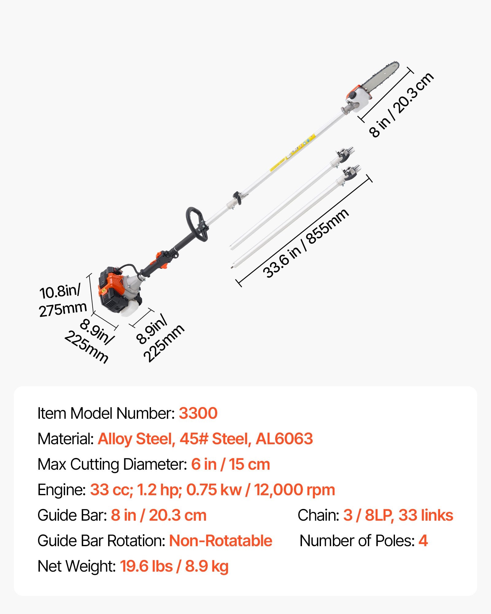 Chainsaws: VEVOR Gas Pole Saw, 33CC 2 Stroke Gas Powered Pole Saws with 20.3 cm Cutting Bar, Cordless Tree Trimmer with 850ml Fuel Tank, 2 to 3.5 m  Extendable, Powerful Chainsaw for Tree Trimming Pruning