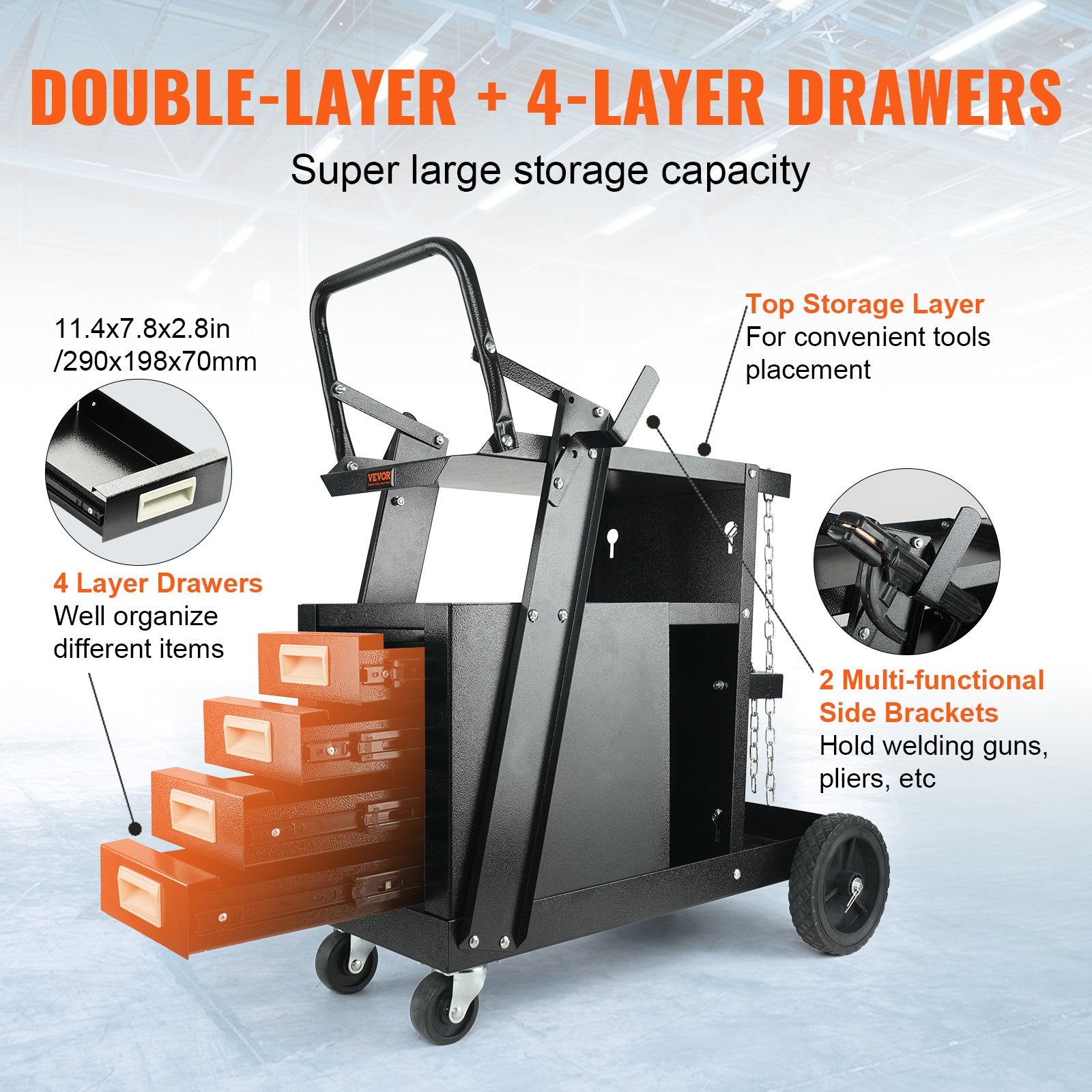 Welding Cart, 2-Tier 4 Drawers Welder Cart with 265 LBS Weight Capacity, Swivel Wheels, Tank Storage Safety Chains, Heavy Duty Rolling MIG Welder Cart for Mig Welder and Plasma Cutter