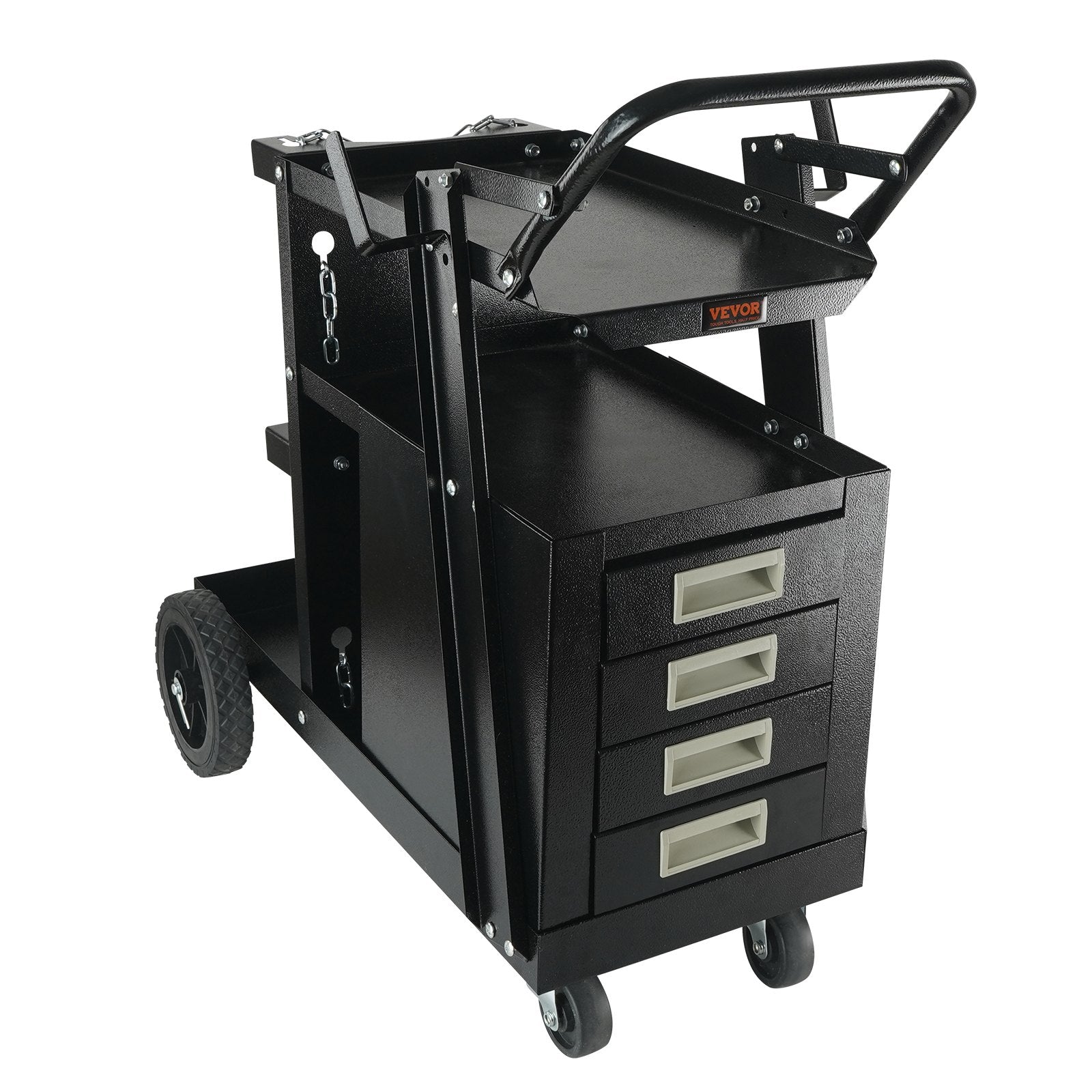 Welding Cart, 2-Tier 4 Drawers Welder Cart with 265 LBS Weight Capacity, Swivel Wheels, Tank Storage Safety Chains, Heavy Duty Rolling MIG Welder Cart for Mig Welder and Plasma Cutter