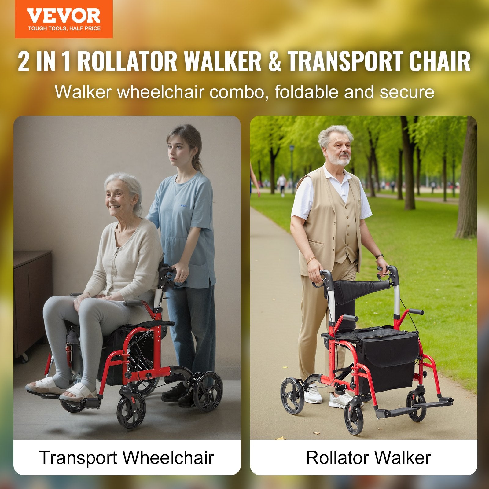 2 in 1 Rollator Walker & Transport Chair for Seniors, Folding Rolling Walker Wheelchair Combo & Footrests, Lightweight Aluminum Mobility Walker with Adjustable Handle, All Terrain Wheels, 136KG