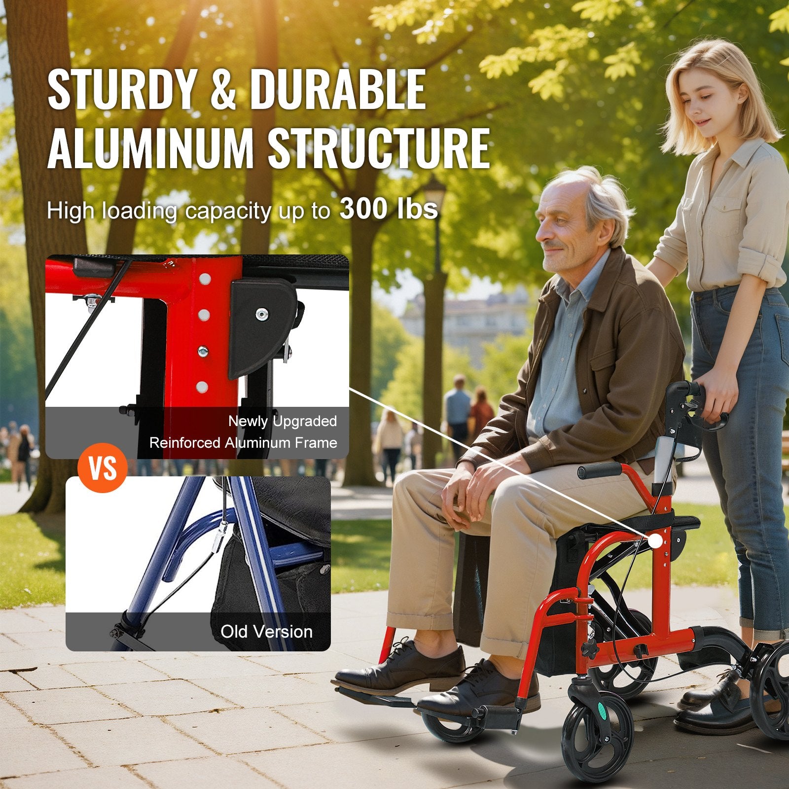2 in 1 Rollator Walker & Transport Chair for Seniors, Folding Rolling Walker Wheelchair Combo & Footrests, Lightweight Aluminum Mobility Walker with Adjustable Handle, All Terrain Wheels, 136KG