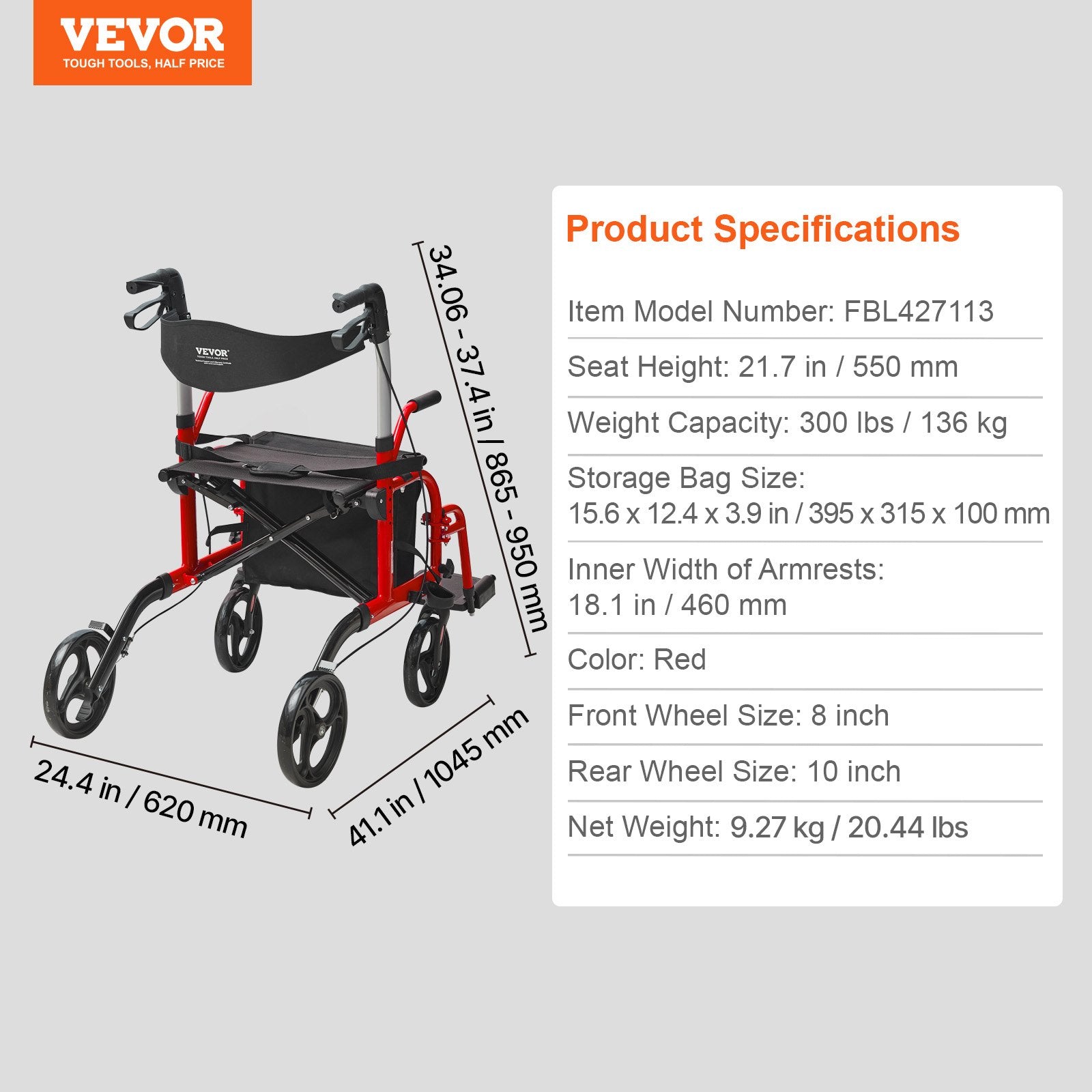 2 in 1 Rollator Walker & Transport Chair for Seniors, Folding Rolling Walker Wheelchair Combo & Footrests, Lightweight Aluminum Mobility Walker with Adjustable Handle, All Terrain Wheels, 136KG