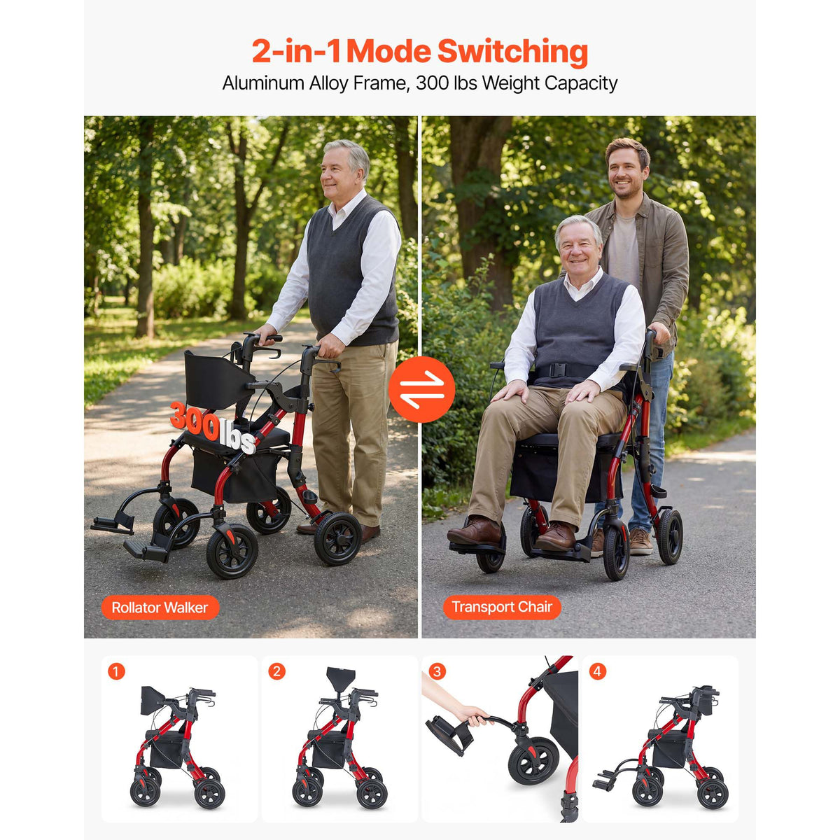 2-in-1 Rollator Walker & Transport Chair for Seniors, Foldable Rolling Walker Wheelchair, Lightweight Aluminum Mobility Walking Aid with Solid PU Wheels, Cup & Cane Holder - Supports 136kg