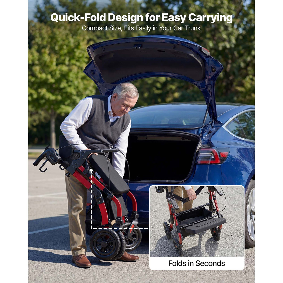 2-in-1 Rollator Walker & Transport Chair for Seniors, Foldable Rolling Walker Wheelchair, Lightweight Aluminum Mobility Walking Aid with Solid PU Wheels, Cup & Cane Holder - Supports 136kg