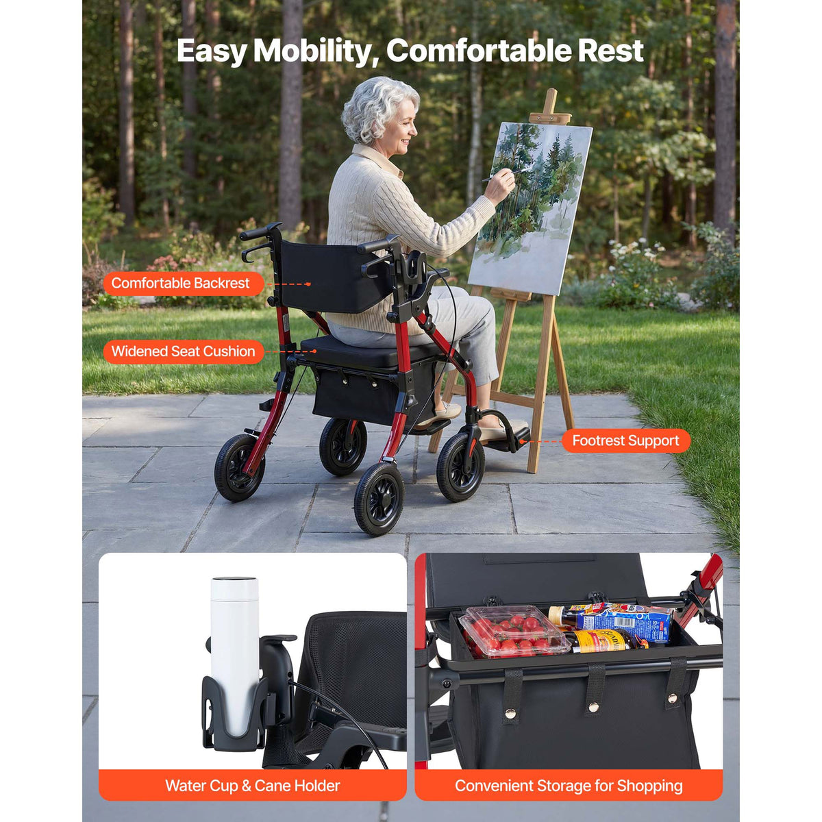2-in-1 Rollator Walker & Transport Chair for Seniors, Foldable Rolling Walker Wheelchair, Lightweight Aluminum Mobility Walking Aid with Solid PU Wheels, Cup & Cane Holder - Supports 136kg