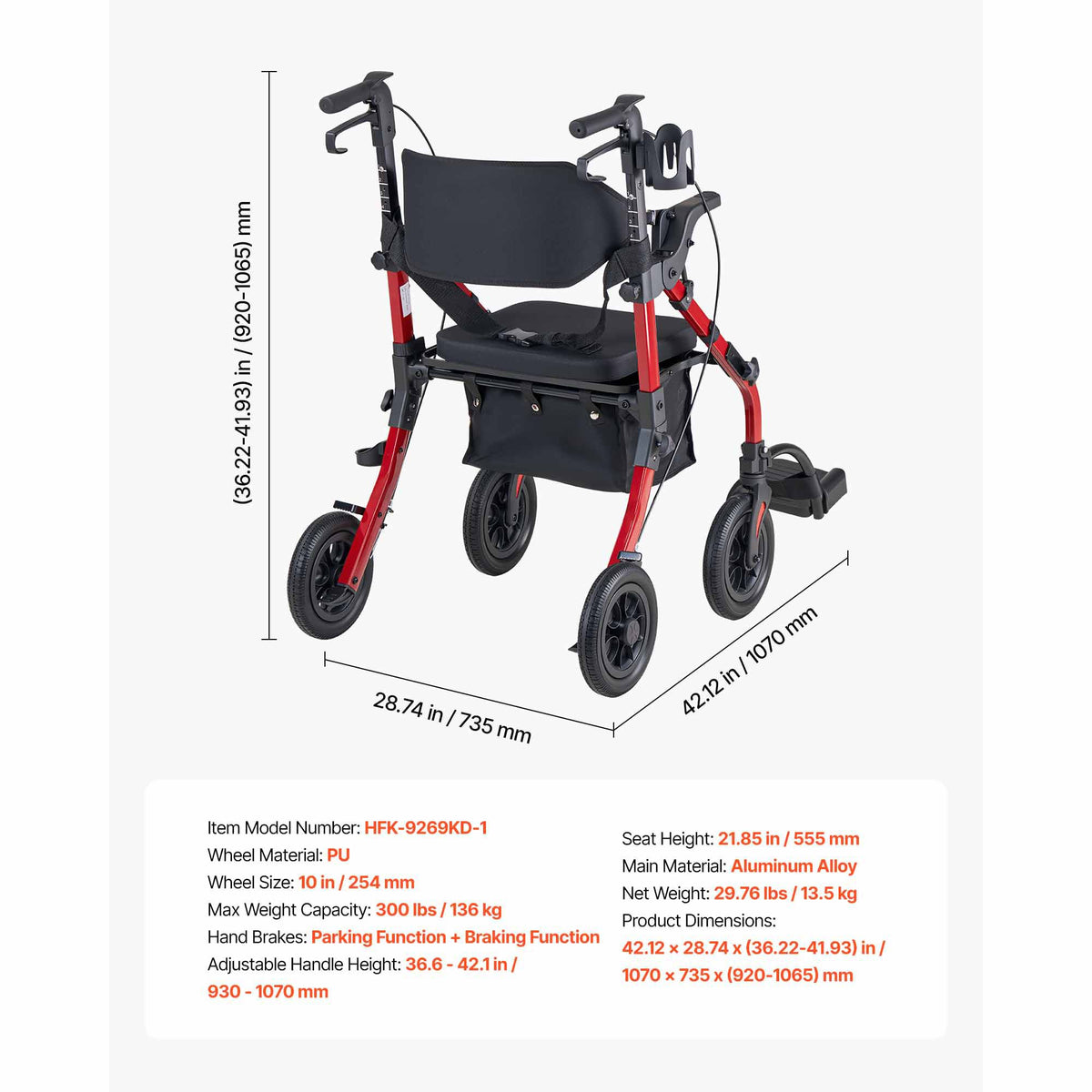 2-in-1 Rollator Walker & Transport Chair for Seniors, Foldable Rolling Walker Wheelchair, Lightweight Aluminum Mobility Walking Aid with Solid PU Wheels, Cup & Cane Holder - Supports 136kg