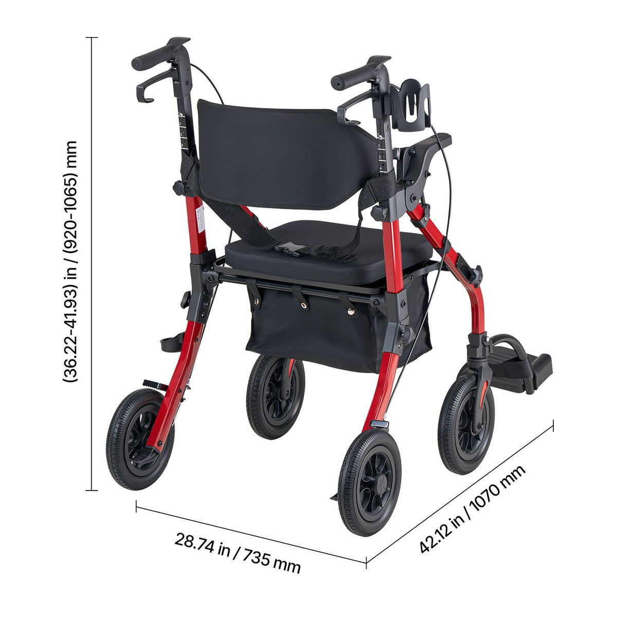 2-in-1 Rollator Walker & Transport Chair for Seniors, Foldable Rolling Walker Wheelchair, Lightweight Aluminum Mobility Walking Aid with Solid PU Wheels, Cup & Cane Holder - Supports 136kg