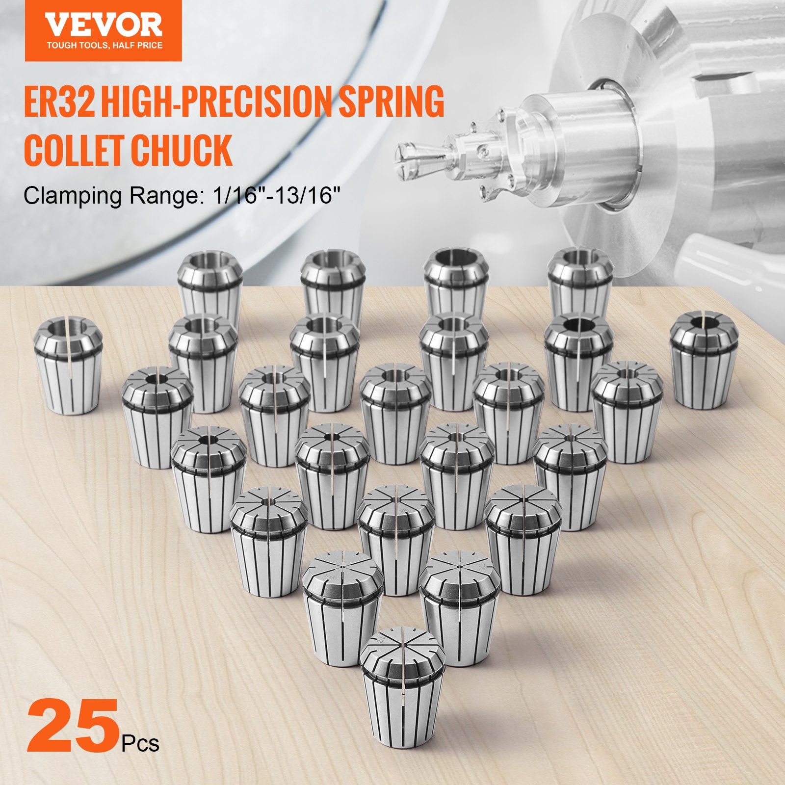 Saw Accessories: VEVOR 25 pcs ER32 Collet Set, 1/16''-13/16'', ER32 Spring Collet Chuck Set, 0.0006"/15 μm TIR Lathe Chuck Tool with 25 Labeled Storage Boxes, for CNC Engraving Machine Milling Lathe Tool Drill Press