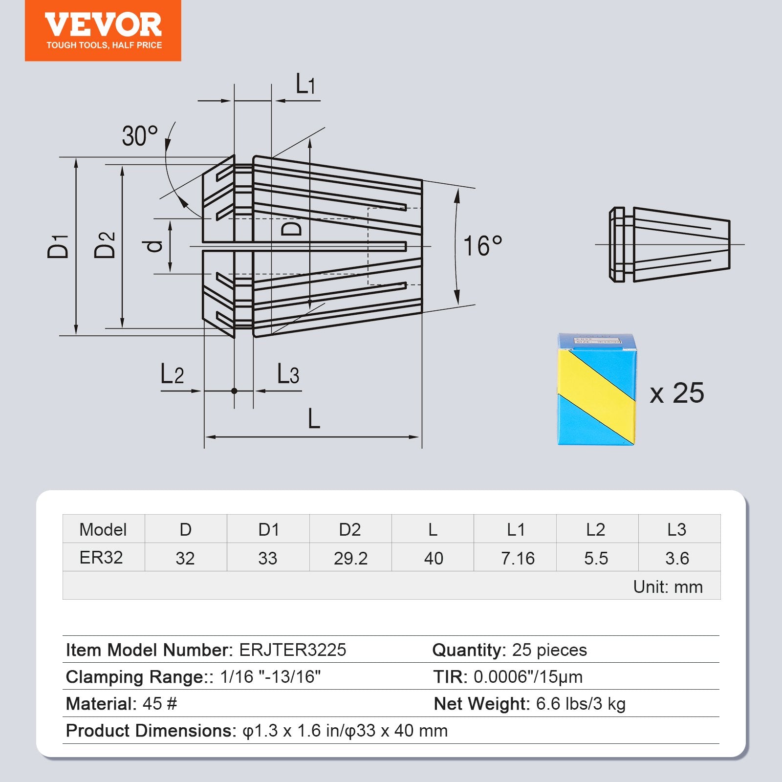 Saw Accessories: VEVOR 25 pcs ER32 Collet Set, 1/16''-13/16'', ER32 Spring Collet Chuck Set, 0.0006"/15 μm TIR Lathe Chuck Tool with 25 Labeled Storage Boxes, for CNC Engraving Machine Milling Lathe Tool Drill Press