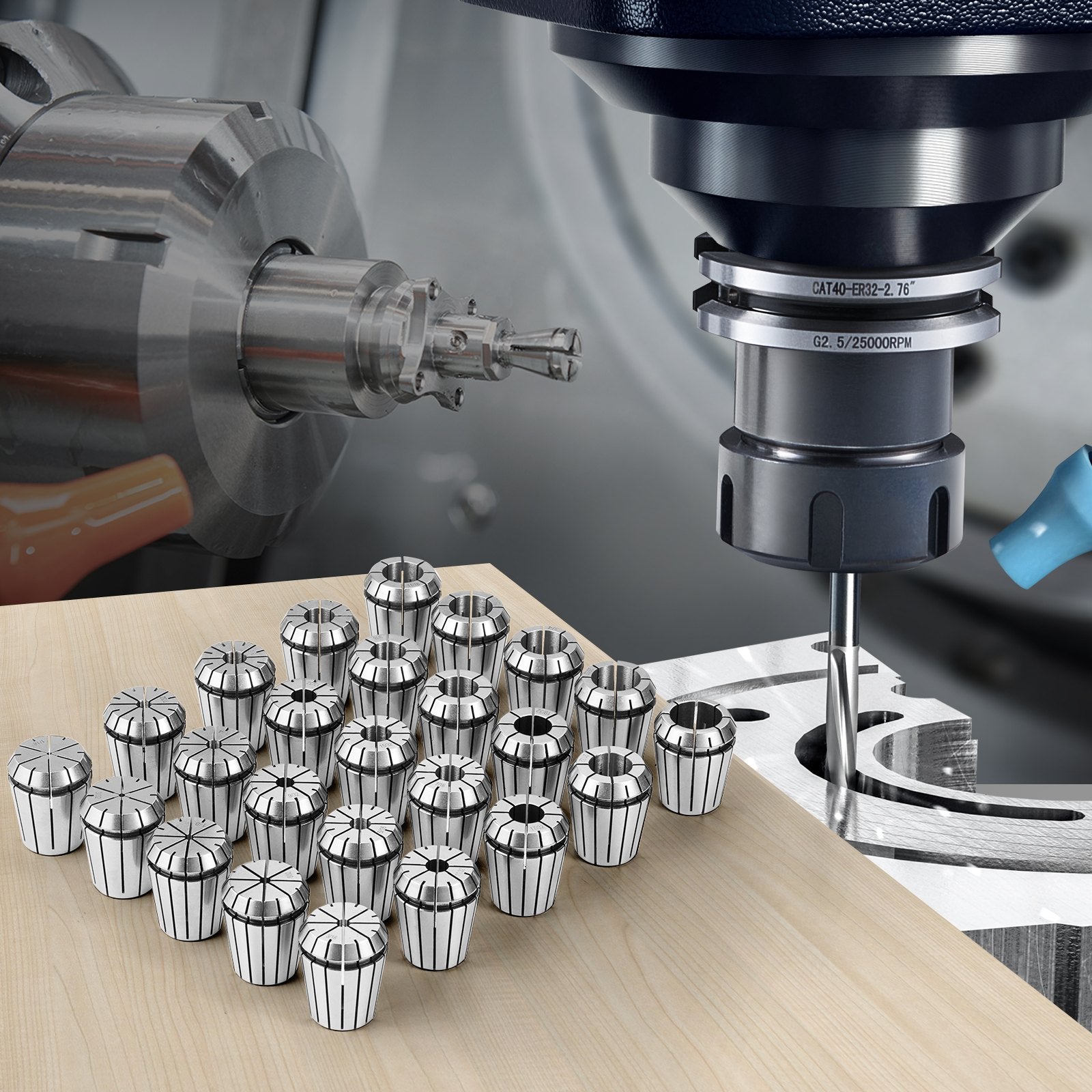 Saw Accessories: VEVOR 25 pcs ER32 Collet Set, 1/16''-13/16'', ER32 Spring Collet Chuck Set, 0.0006"/15 μm TIR Lathe Chuck Tool with 25 Labeled Storage Boxes, for CNC Engraving Machine Milling Lathe Tool Drill Press