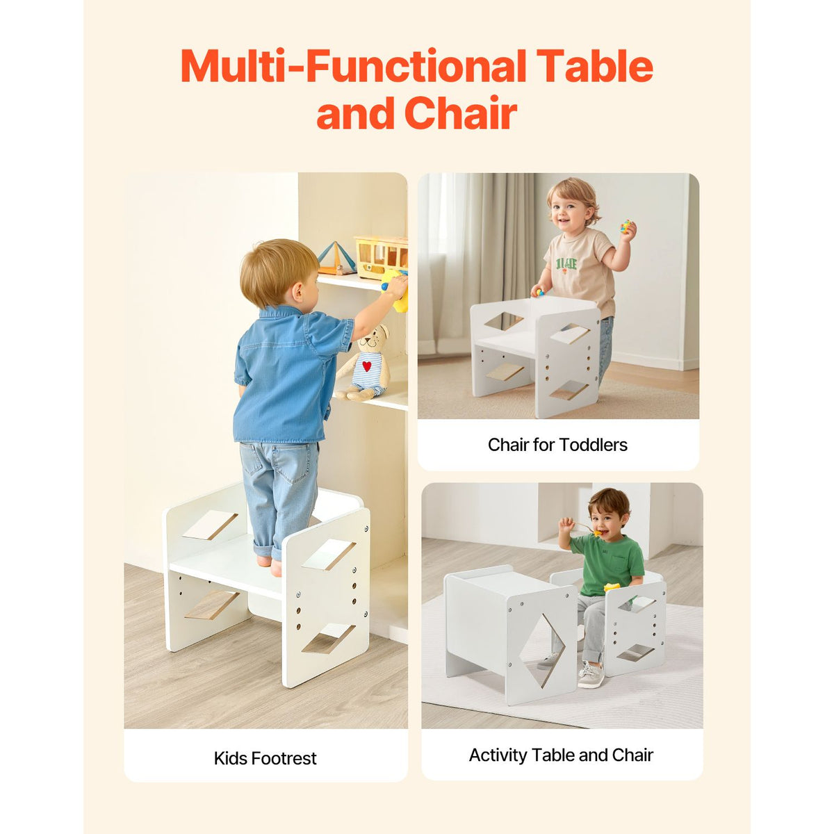 Montessori Weaning Table and Chair Set, Wooden Toddler Table and Chair Set for Aged 1-5, Adjustable Height Kids Montessori Chair and Activity Table, Ideal for Reading, Eating, Playing - White