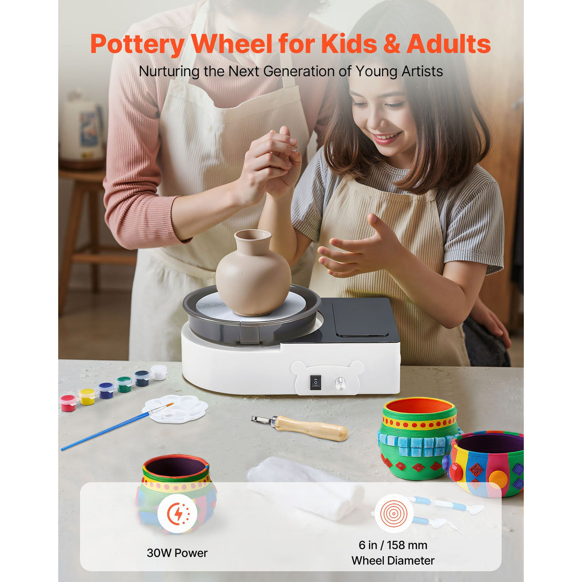 Mini Pottery Wheel, 158 mm Turntable, Forward and Reverse Rotation, Adjustable Speed, Electric Clay Wheel for Kids and Adults, with Clay Shaping Tools, for Home DIY, Pottery Classes, White