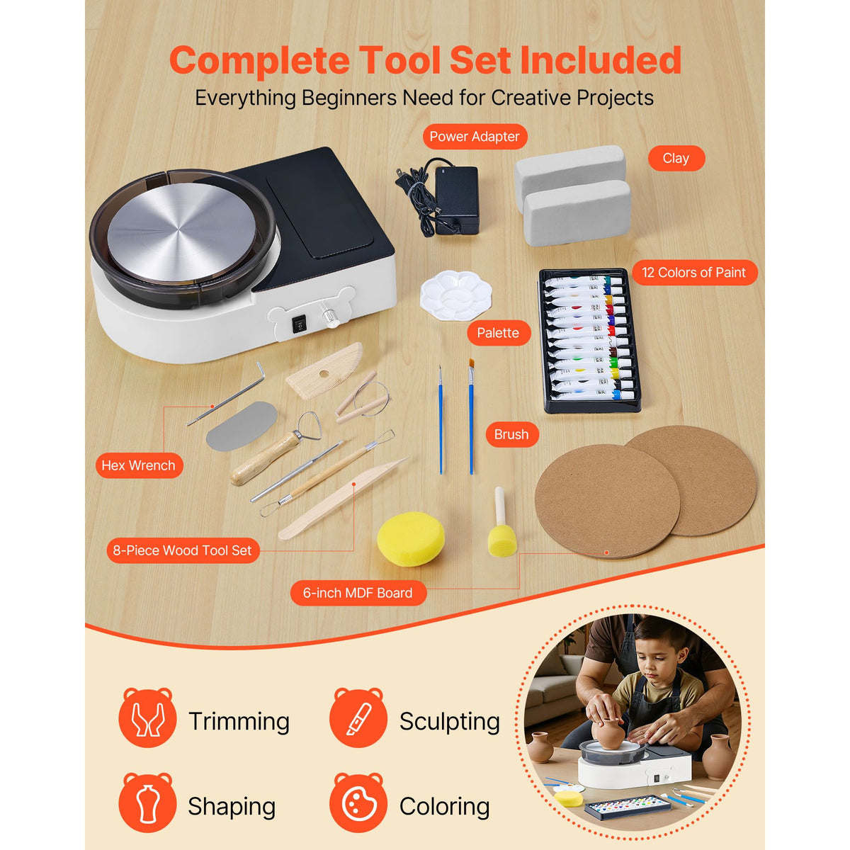 Mini Pottery Wheel, 158 mm Turntable, Forward and Reverse Rotation, Adjustable Speed, Electric Clay Wheel for Kids and Adults, with Clay Shaping Tools, for Home DIY, Pottery Classes, White