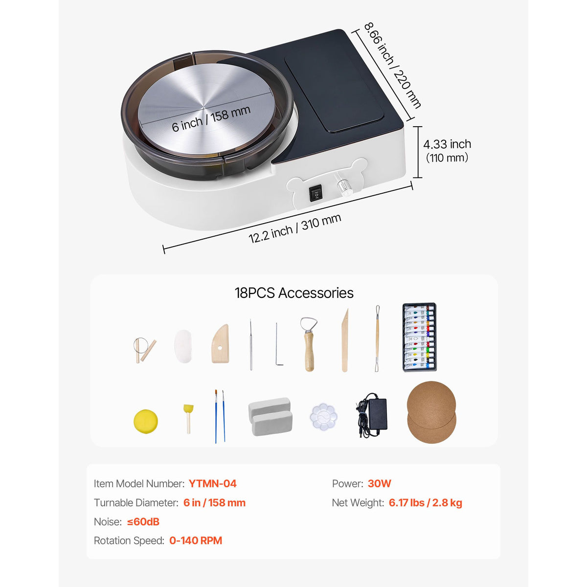 Mini Pottery Wheel, 158 mm Turntable, Forward and Reverse Rotation, Adjustable Speed, Electric Clay Wheel for Kids and Adults, with Clay Shaping Tools, for Home DIY, Pottery Classes, White