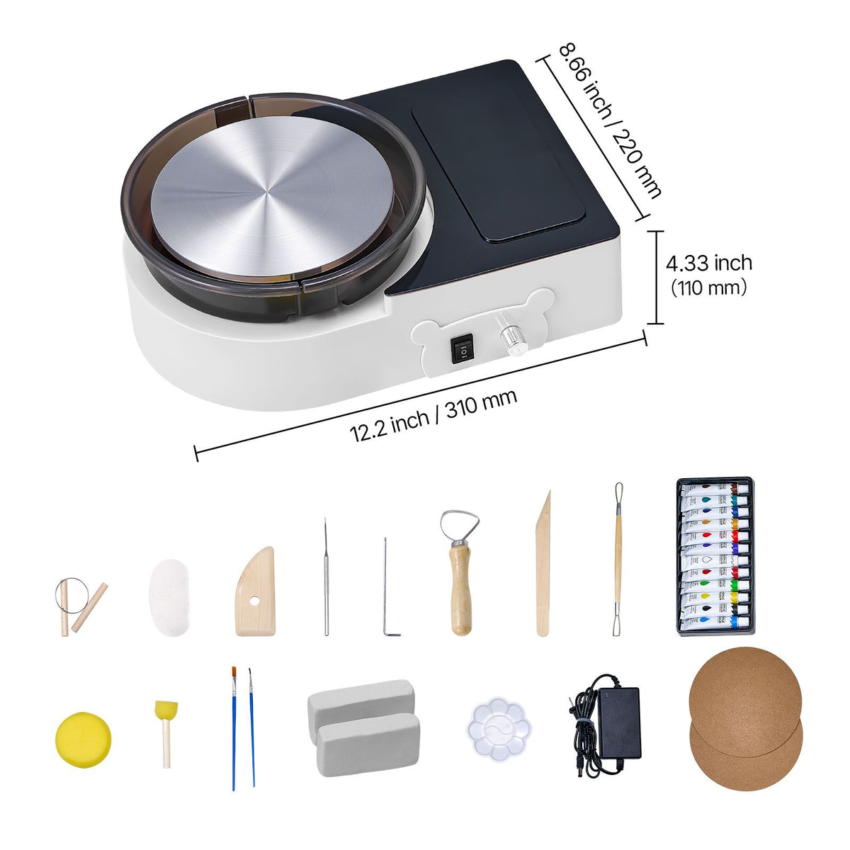 Mini Pottery Wheel, 158 mm Turntable, Forward and Reverse Rotation, Adjustable Speed, Electric Clay Wheel for Kids and Adults, with Clay Shaping Tools, for Home DIY, Pottery Classes, White