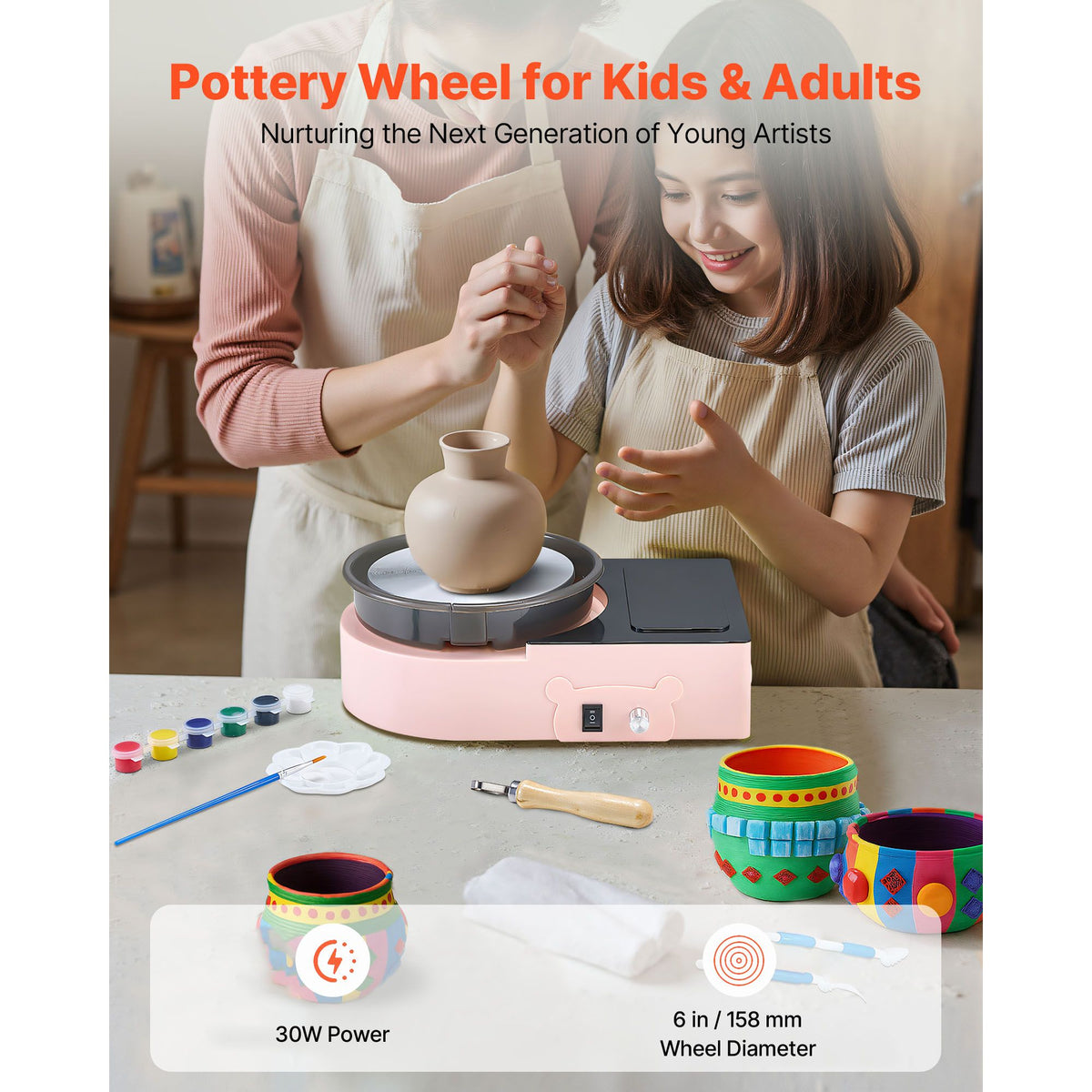 Mini Pottery Wheel, 158 mm Turntable, Forward and Reverse Rotation, Adjustable Speed, Electric Clay Wheel for Kids and Adults, with Clay Shaping Tools, for Home DIY, Pottery Classes, Pink