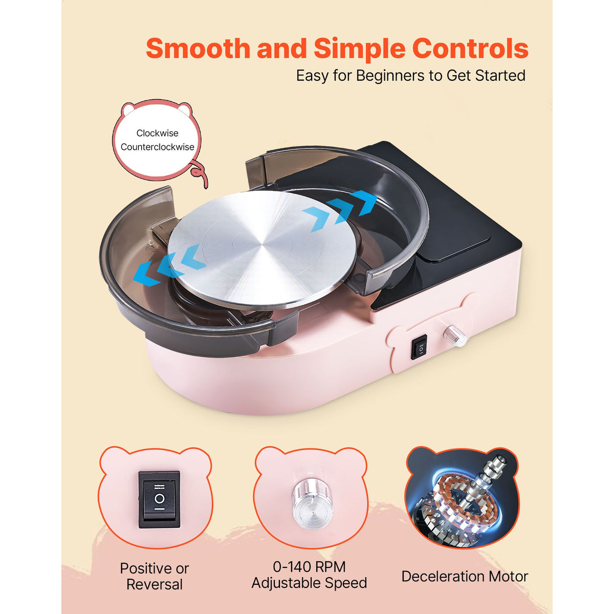 Mini Pottery Wheel, 158 mm Turntable, Forward and Reverse Rotation, Adjustable Speed, Electric Clay Wheel for Kids and Adults, with Clay Shaping Tools, for Home DIY, Pottery Classes, Pink