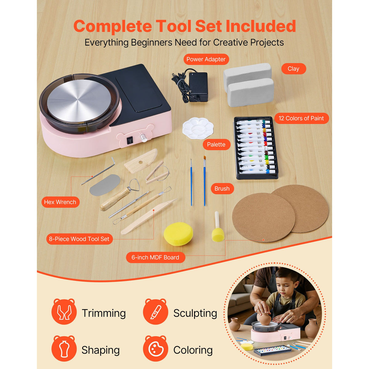 Mini Pottery Wheel, 158 mm Turntable, Forward and Reverse Rotation, Adjustable Speed, Electric Clay Wheel for Kids and Adults, with Clay Shaping Tools, for Home DIY, Pottery Classes, Pink