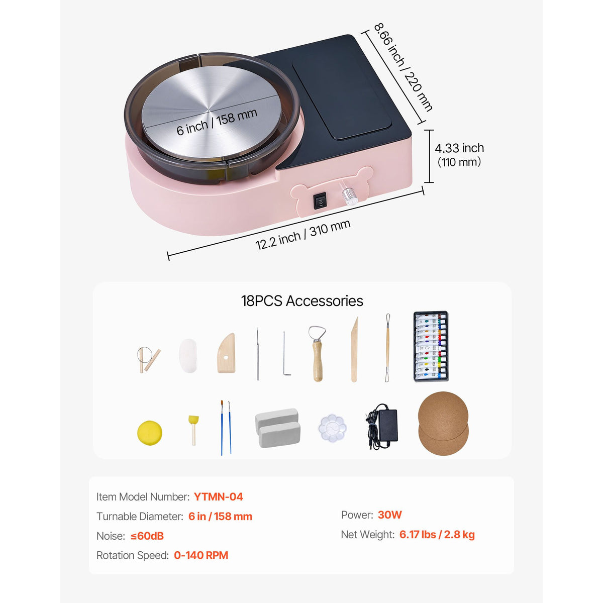 Mini Pottery Wheel, 158 mm Turntable, Forward and Reverse Rotation, Adjustable Speed, Electric Clay Wheel for Kids and Adults, with Clay Shaping Tools, for Home DIY, Pottery Classes, Pink