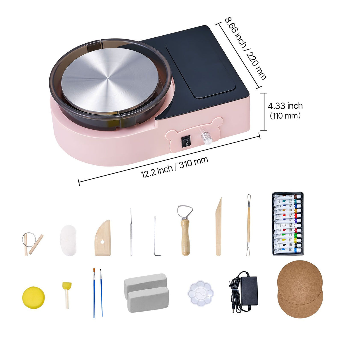 Mini Pottery Wheel, 158 mm Turntable, Forward and Reverse Rotation, Adjustable Speed, Electric Clay Wheel for Kids and Adults, with Clay Shaping Tools, for Home DIY, Pottery Classes, Pink
