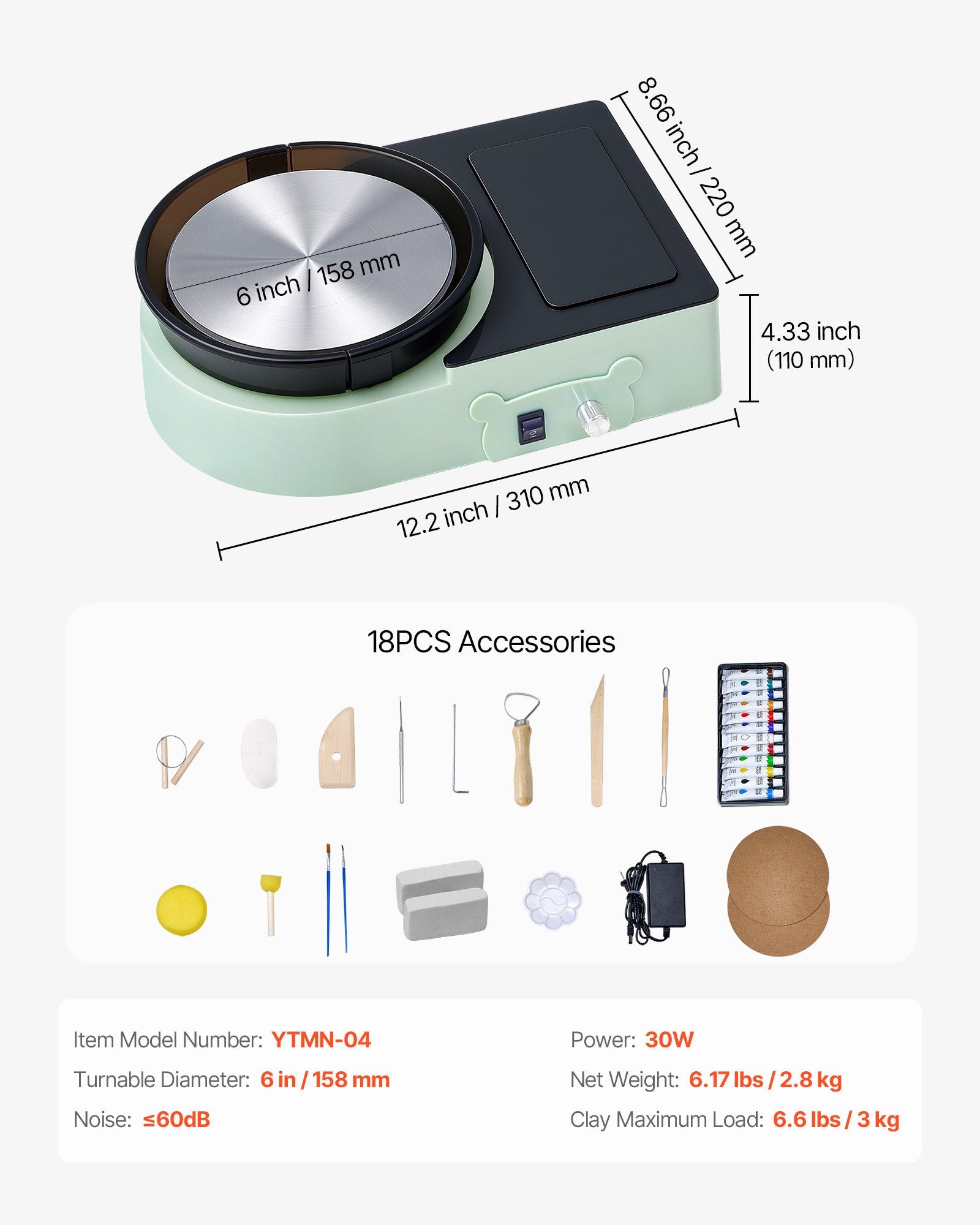 Automotive Gauges: VEVOR Mini Pottery Wheel, 158 mm Turntable, Forward and Reverse Rotation, Adjustable Speed, Electric Clay Wheel for Kids and Adults, with Clay Shaping Tools, for Home DIY, Pottery Classes, Green