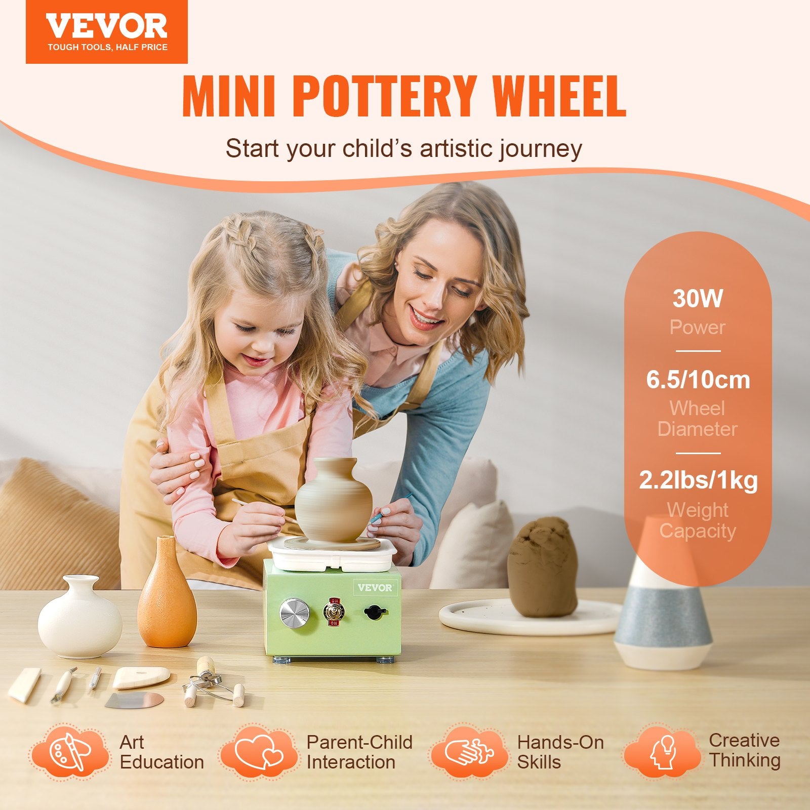 Drums: VEVOR Mini Pottery Wheel, 0-320RPM Adjustable Speed Detachable Basin Forming Machine, 2.56in/3.94in 2 Turntables Electric Ceramic Wheel Machine, 18pcs Accessories, for Art Craft Work Home DIY, Green