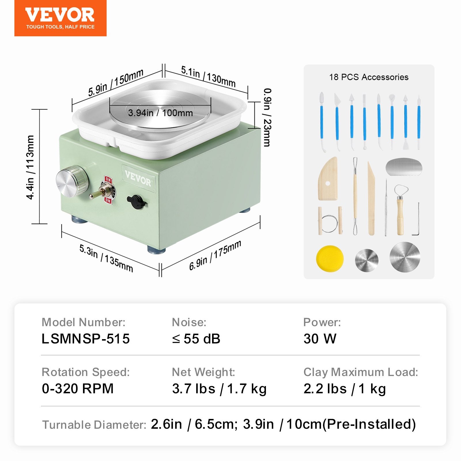 Drums: VEVOR Mini Pottery Wheel, 0-320RPM Adjustable Speed Detachable Basin Forming Machine, 2.56in/3.94in 2 Turntables Electric Ceramic Wheel Machine, 18pcs Accessories, for Art Craft Work Home DIY, Green