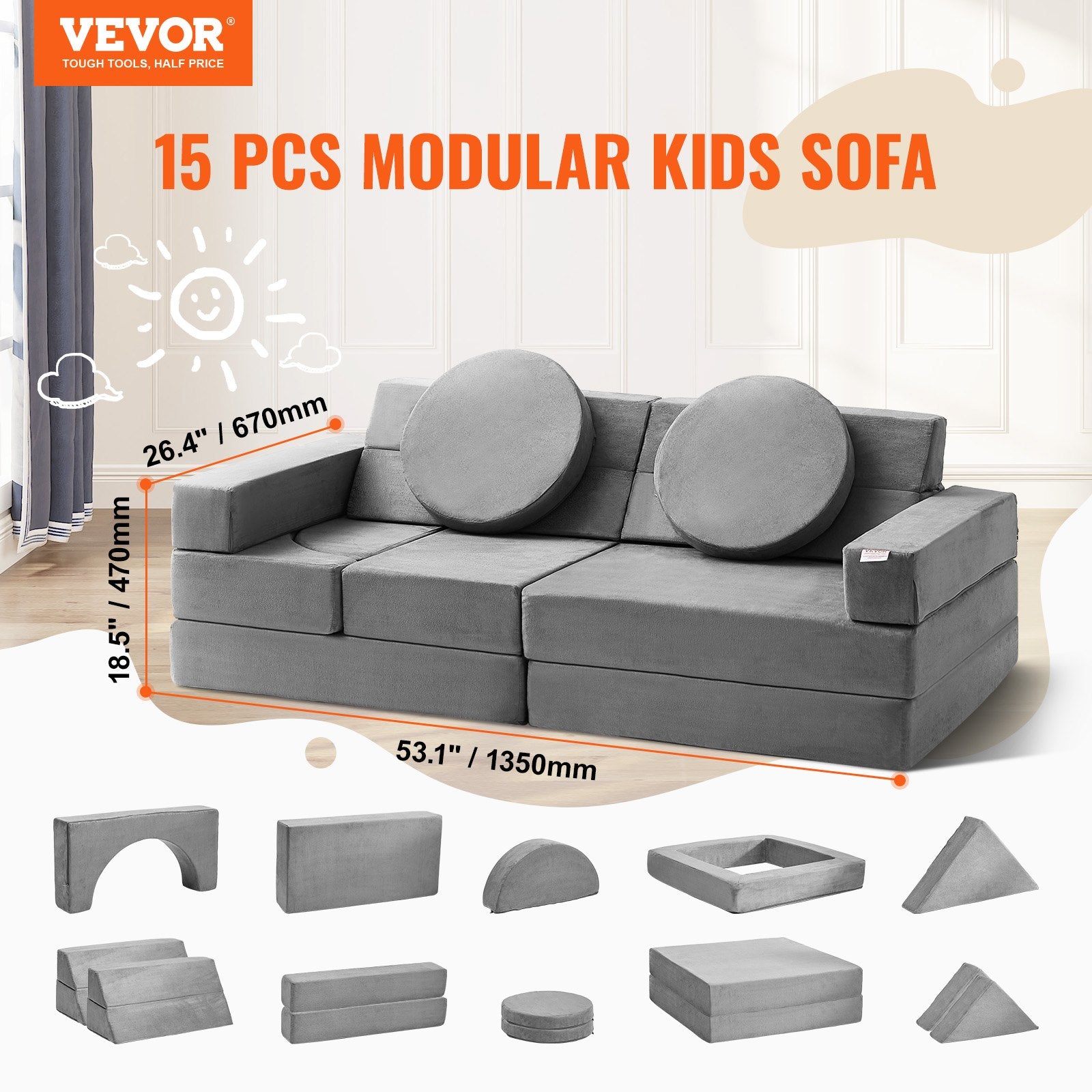 Pretend Play: VEVOR Play Couch, 15pcs Modular Kids Nugget Couch, Toddler Foam Sofa Couch with High-density 25D Sponge for Playing, Creativing, Sleeping, Imaginative Kids Furniture for Bedroom and Playroom