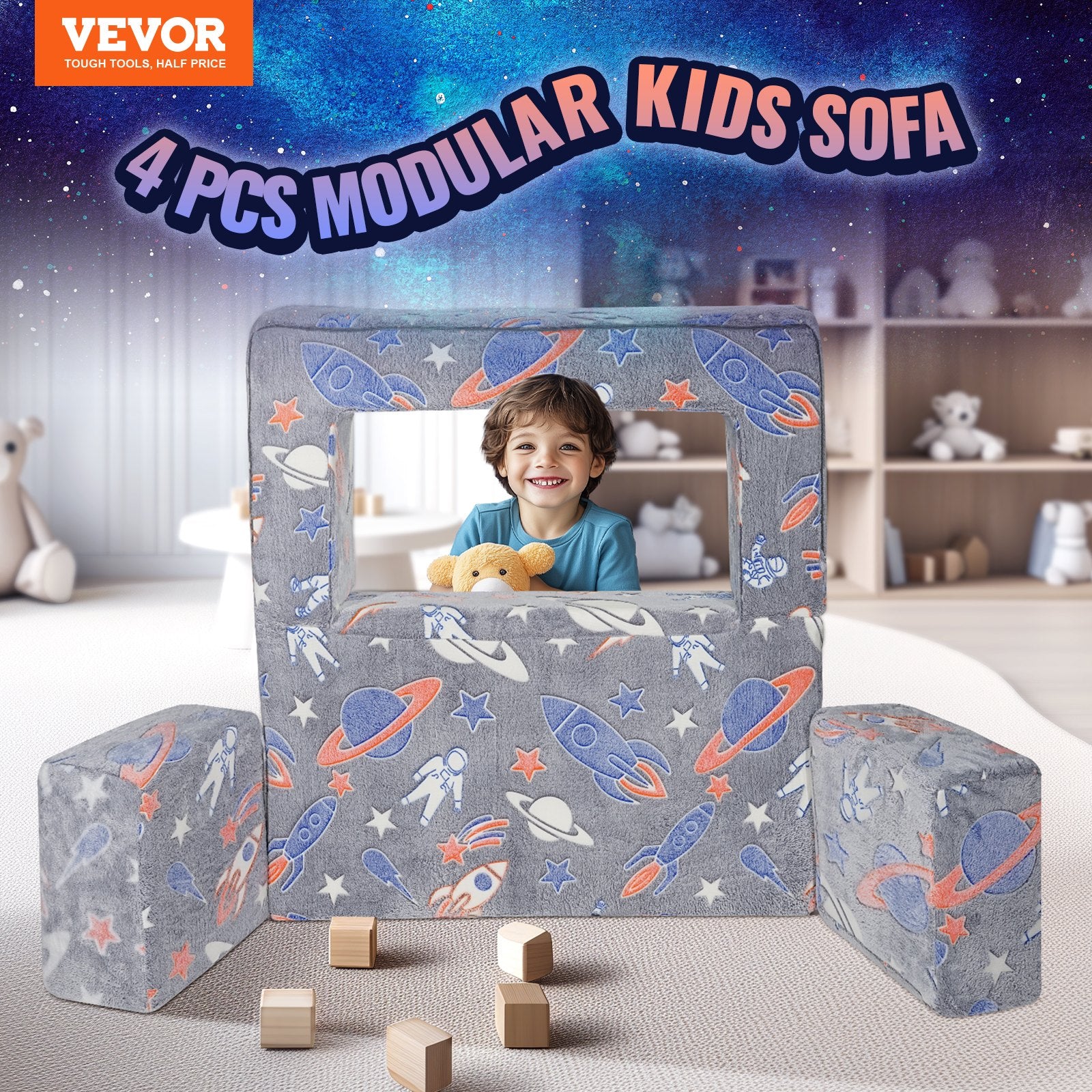 Pretend Play: VEVOR Modular Kids Play Couch 4Pcs DIY Glow in the Dark Toddler Chair Grey