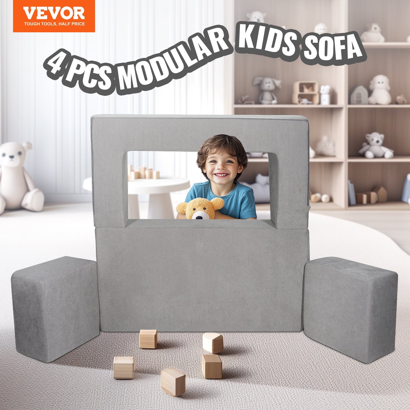 Pretend Play: VEVOR Modular Kids Play Couch 4Pcs DIY Creative Child Sectional Sofa Dark Grey