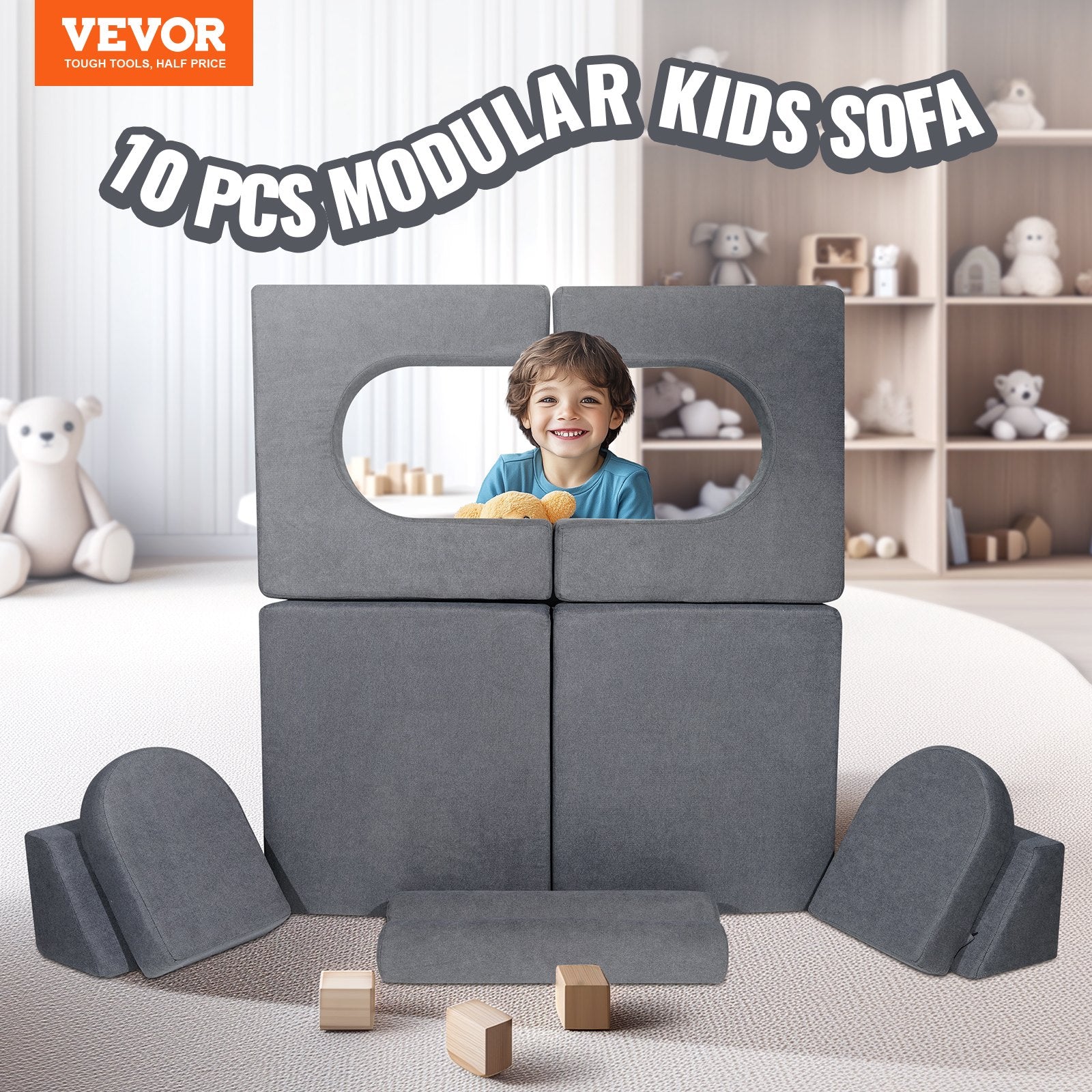 Pretend Play: VEVOR Modular Kids Play Couch 10Pcs DIY Creative Toddler Sectional Sofa Grey