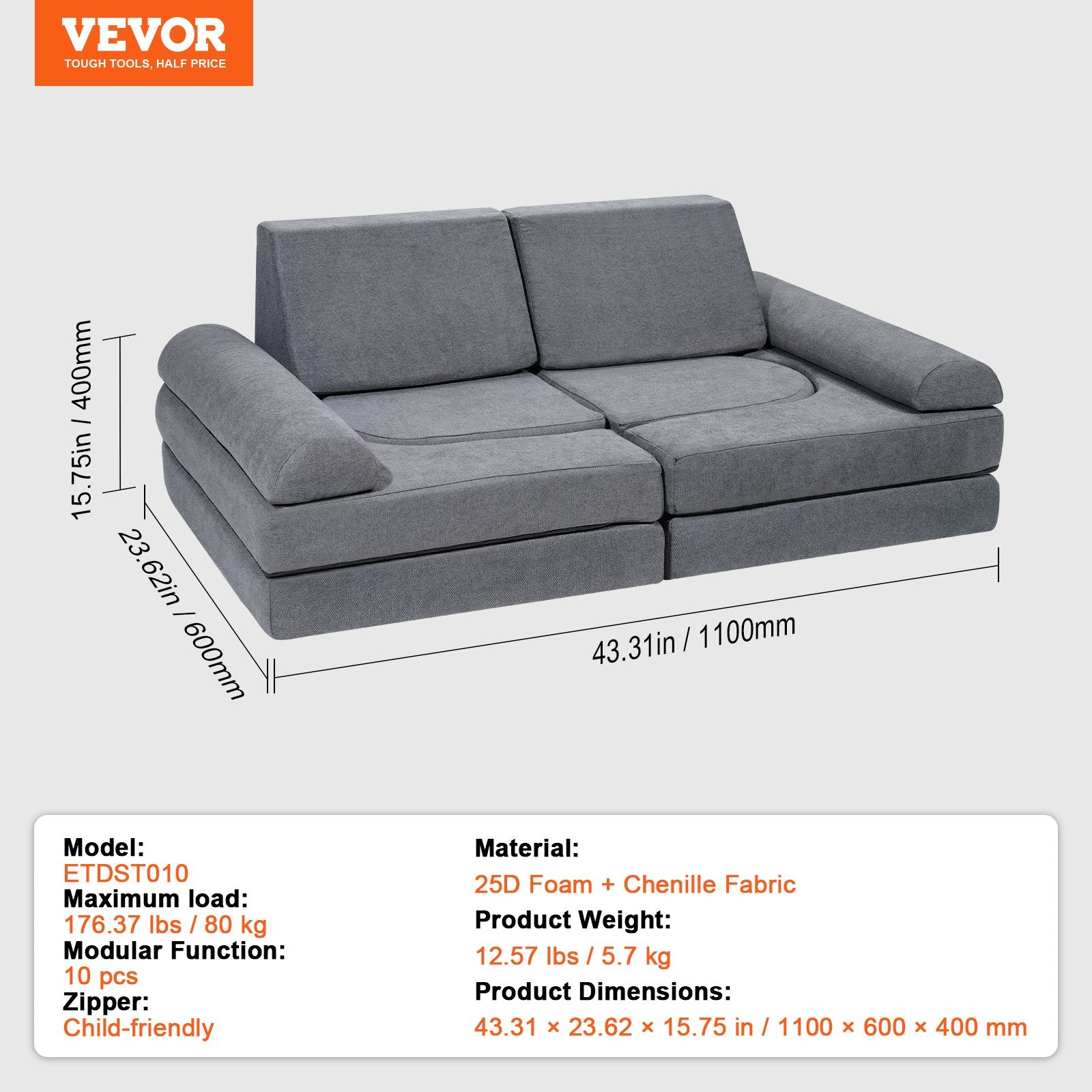 Pretend Play: VEVOR Modular Kids Play Couch 10Pcs DIY Creative Toddler Sectional Sofa Grey