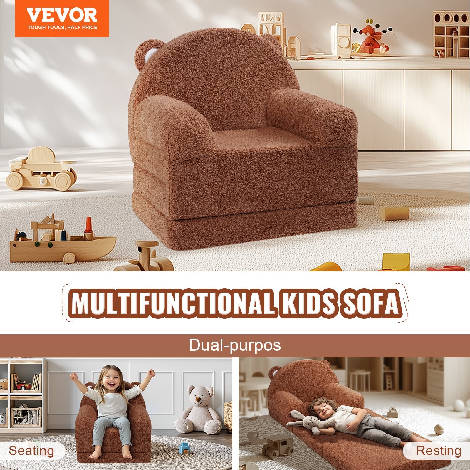 Kid's Tables, Chairs & Seats: VEVOR Baby Chair Foldable 2-in-1 Baby Lounger Couch Cartoon Kids Sofa Brown