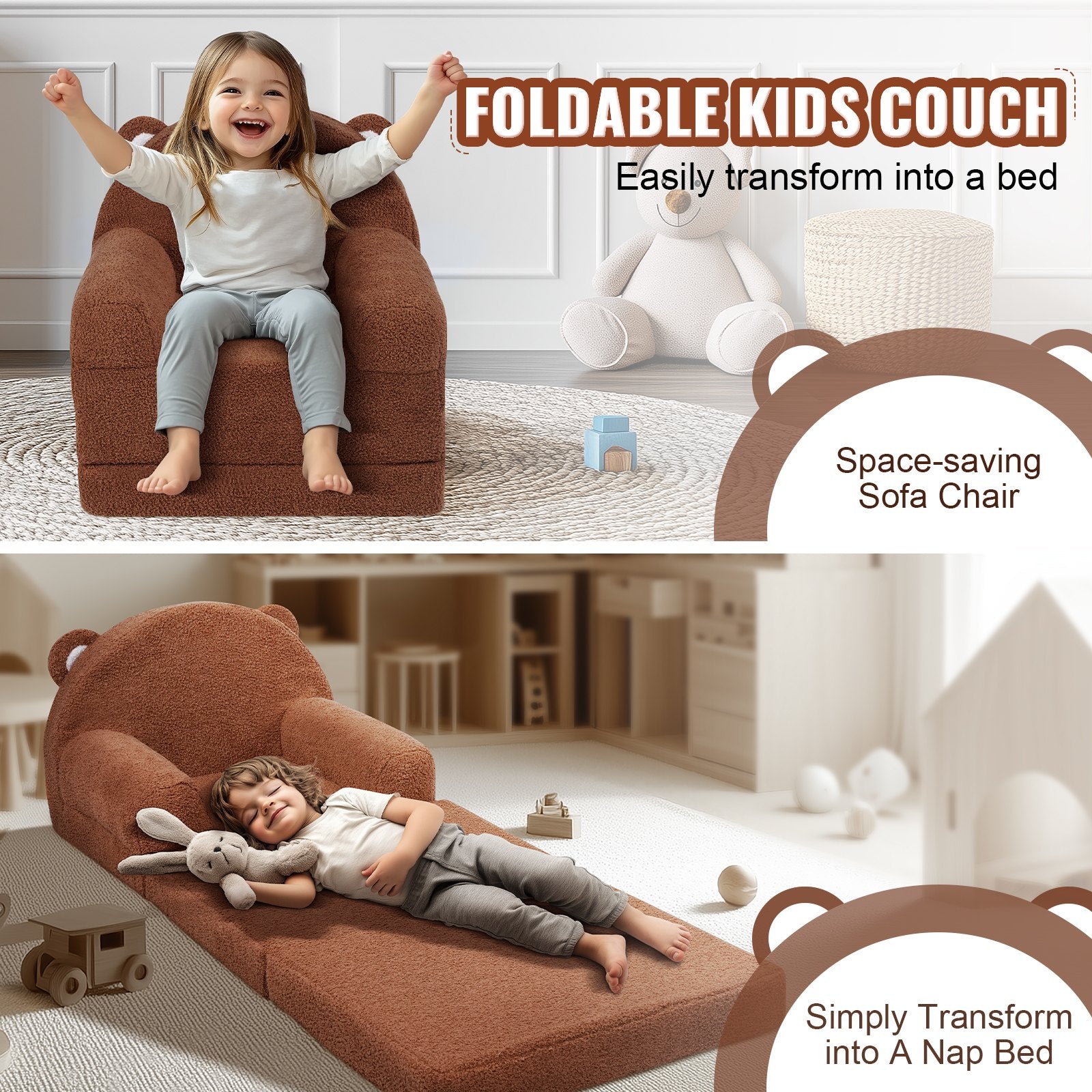 Kid's Tables, Chairs & Seats: VEVOR Baby Chair Foldable 2-in-1 Baby Lounger Couch Cartoon Kids Sofa Brown