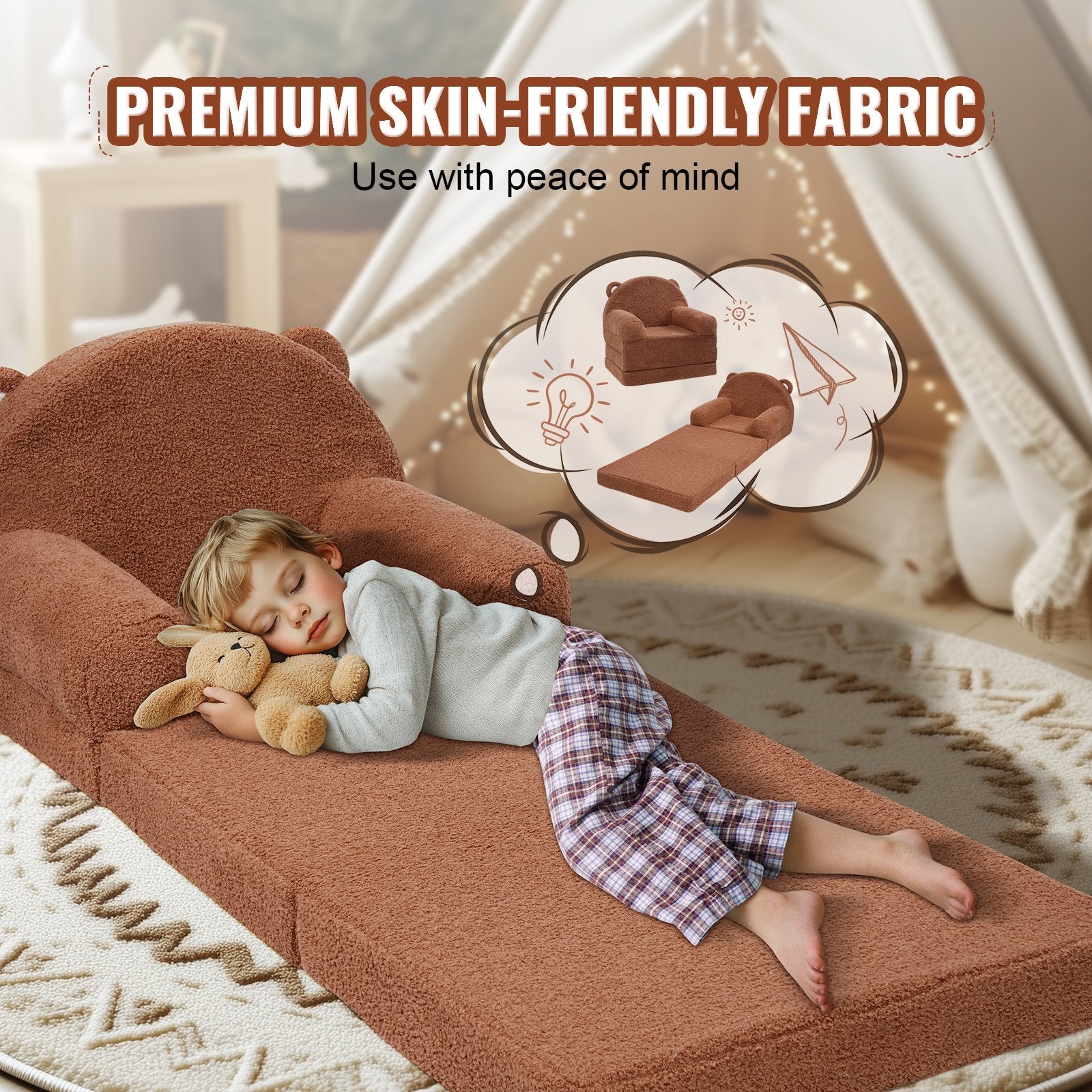 Kid's Tables, Chairs & Seats: VEVOR Baby Chair Foldable 2-in-1 Baby Lounger Couch Cartoon Kids Sofa Brown