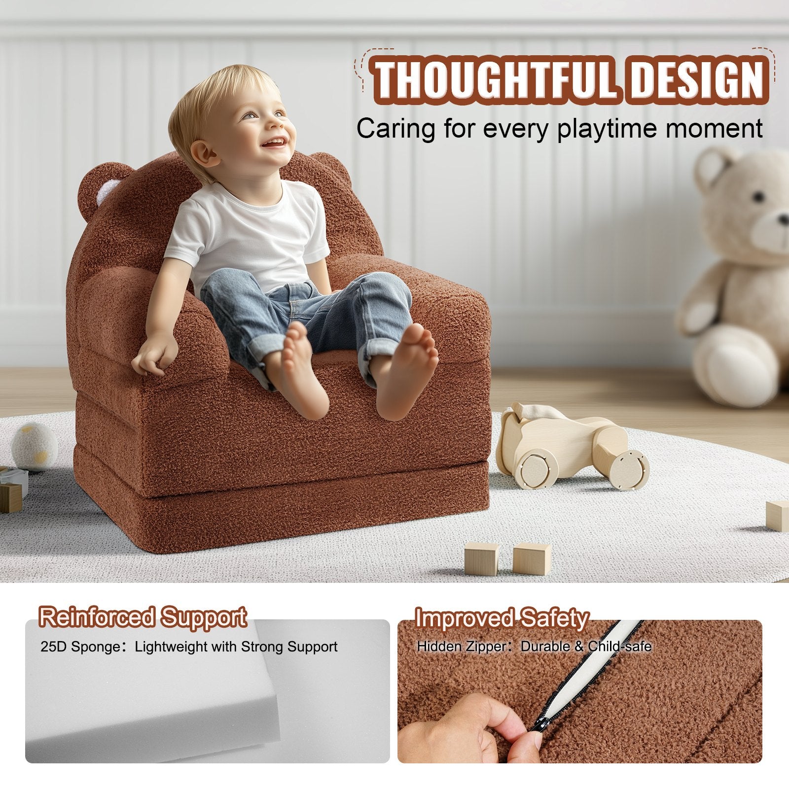 Kid's Tables, Chairs & Seats: VEVOR Baby Chair Foldable 2-in-1 Baby Lounger Couch Cartoon Kids Sofa Brown