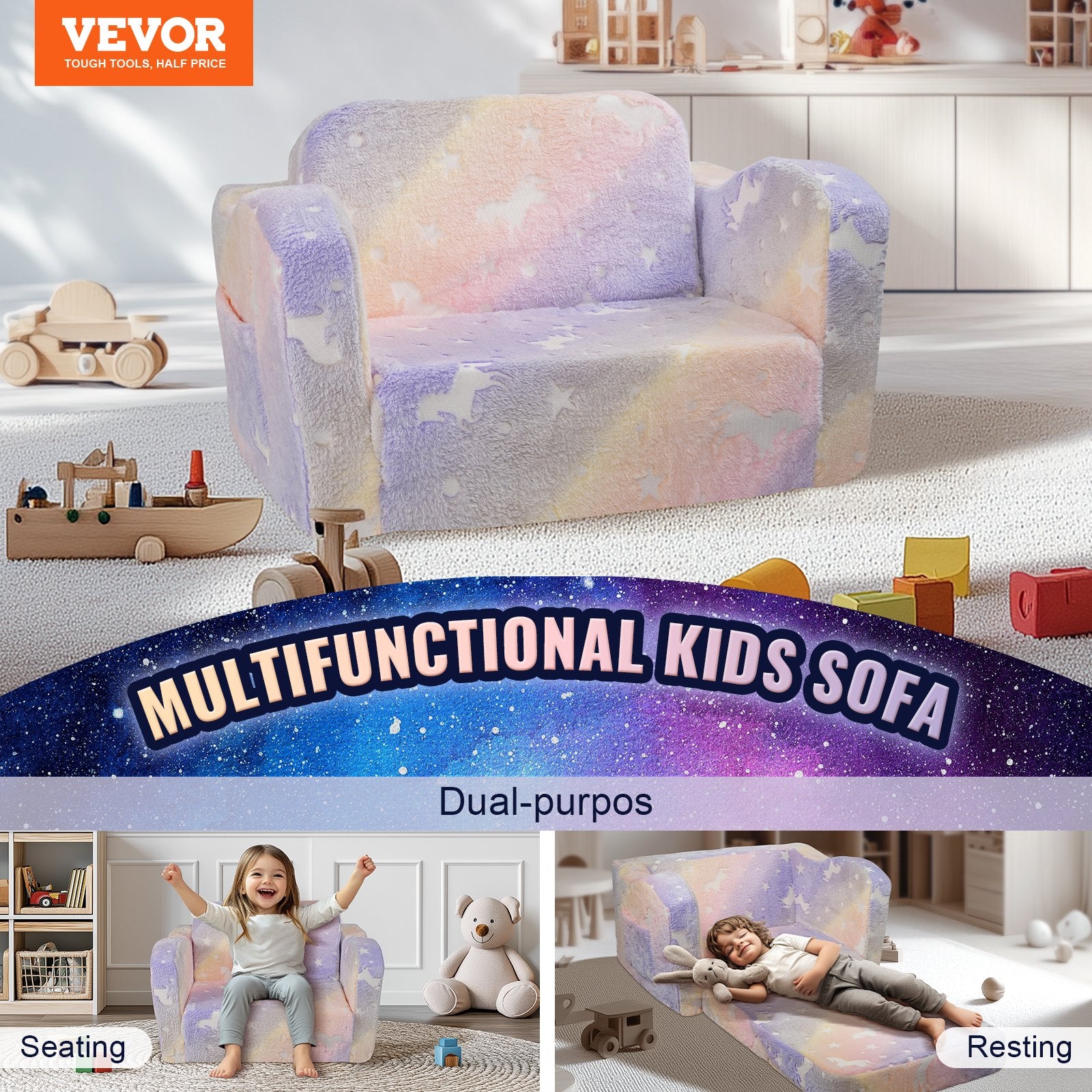 Arm Chairs & Recliners: VEVOR Foldable Baby Chair 2-in-1 Baby Lounger Couch Glow in Dark Kids Sofa
