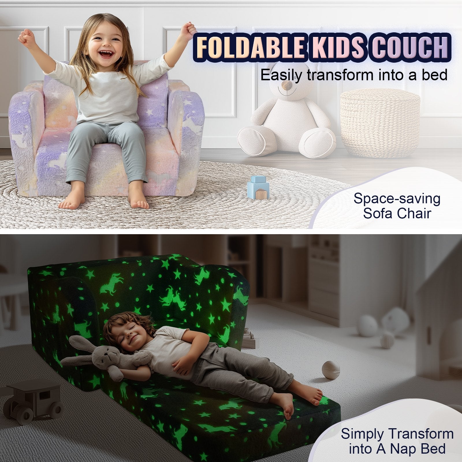 Arm Chairs & Recliners: VEVOR Foldable Baby Chair 2-in-1 Baby Lounger Couch Glow in Dark Kids Sofa