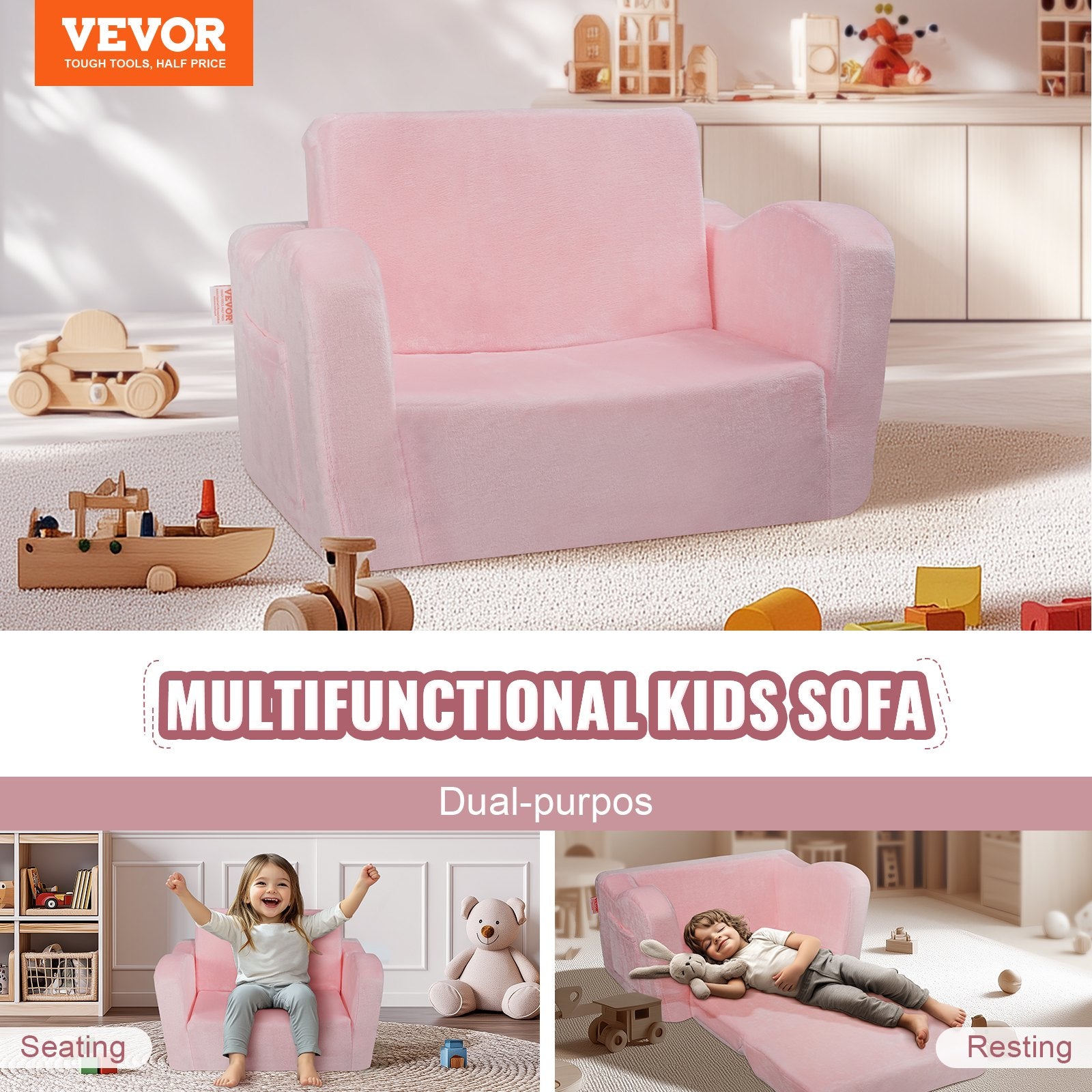 Sofas & Sofa Beds: VEVOR Baby Chair Foldable 2-in-1 Comfy Baby Lounger Couch Kids Sofa Pink
