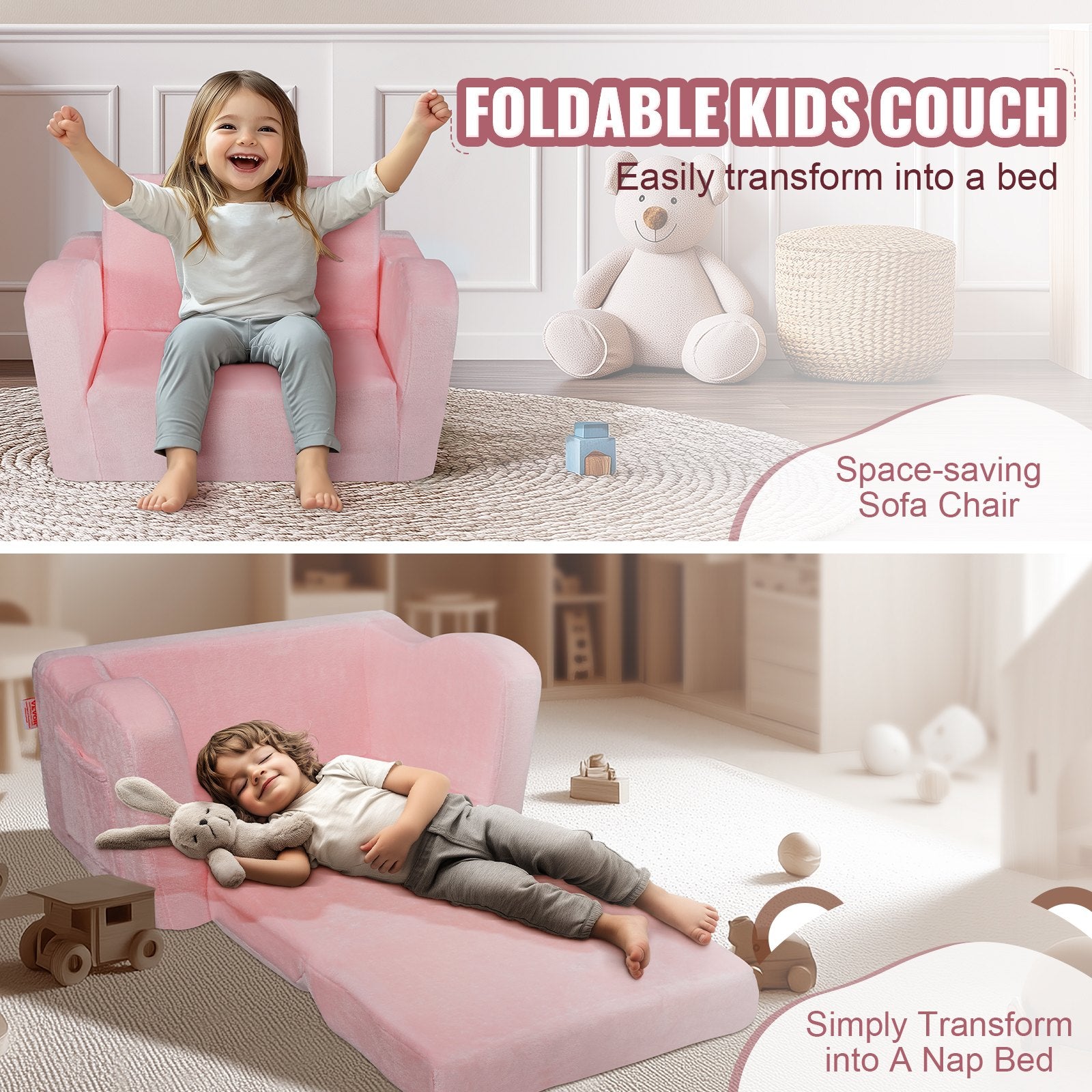 Sofas & Sofa Beds: VEVOR Baby Chair Foldable 2-in-1 Comfy Baby Lounger Couch Kids Sofa Pink