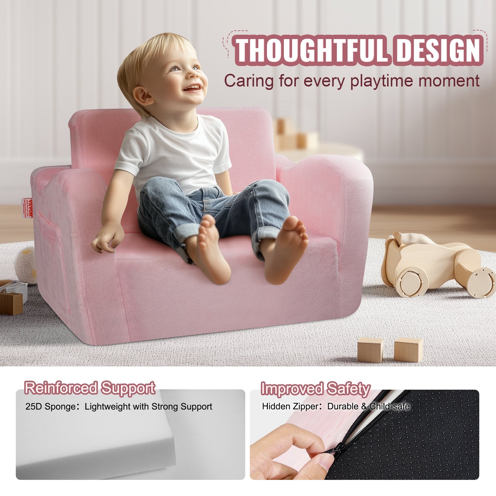 Sofas & Sofa Beds: VEVOR Baby Chair Foldable 2-in-1 Comfy Baby Lounger Couch Kids Sofa Pink