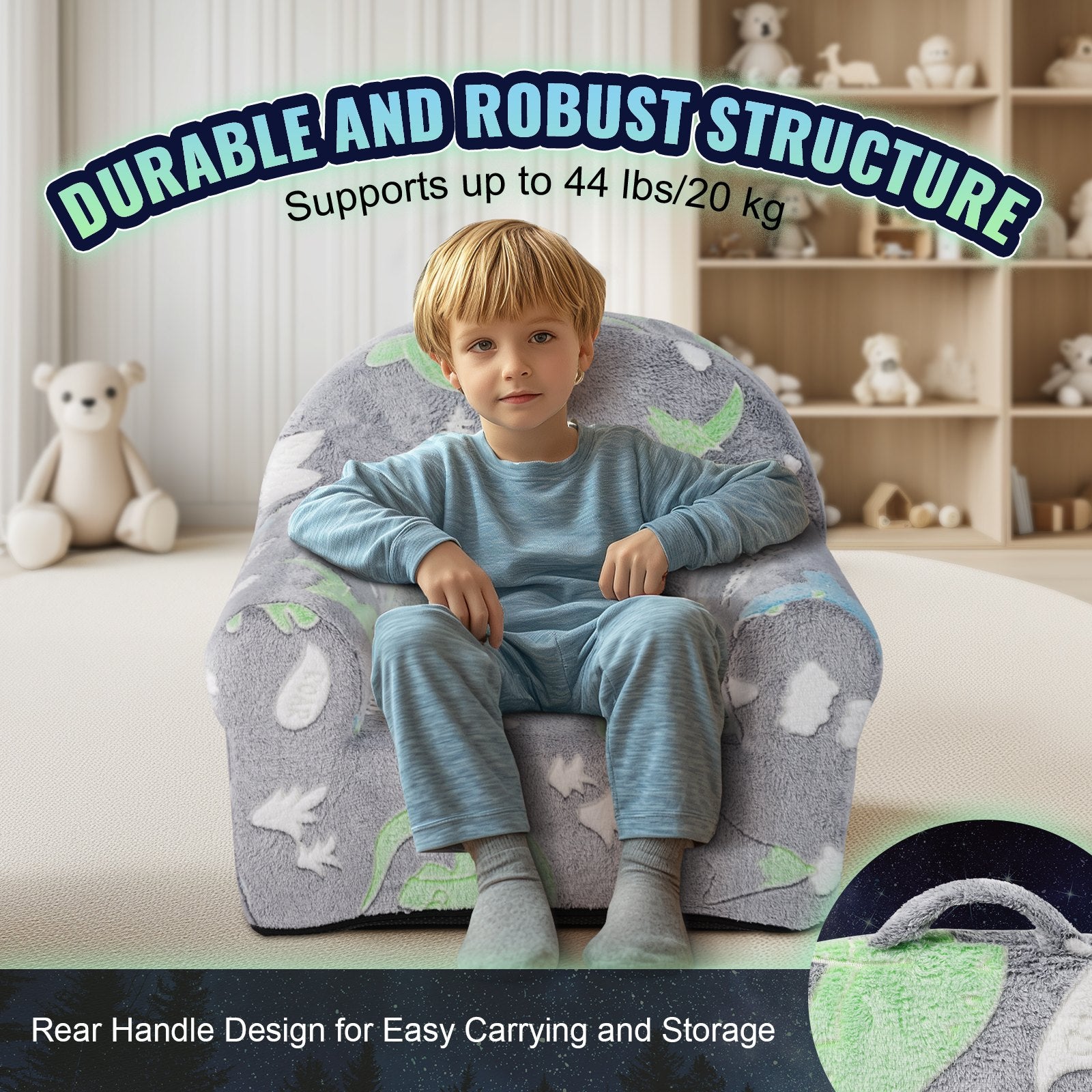 Toddler Chair Glow in the Dark Plush Baby Chair Playroom Furniture Grey