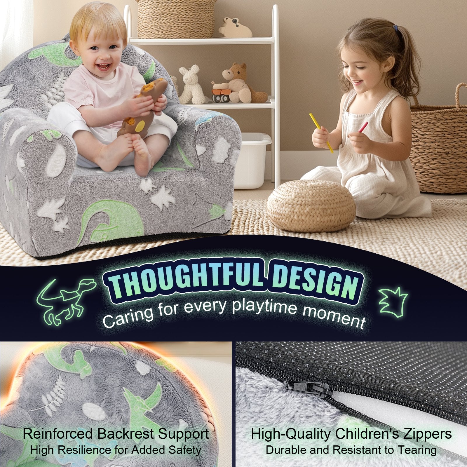 Toddler Chair Glow in the Dark Plush Baby Chair Playroom Furniture Grey